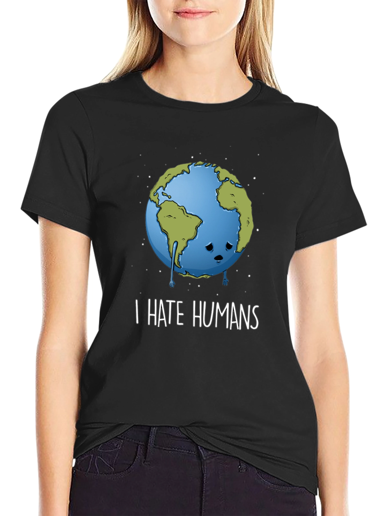 Black Sad Earth Graphic Tee - I Hate Humans - Black Cotton T-Shirt view 2