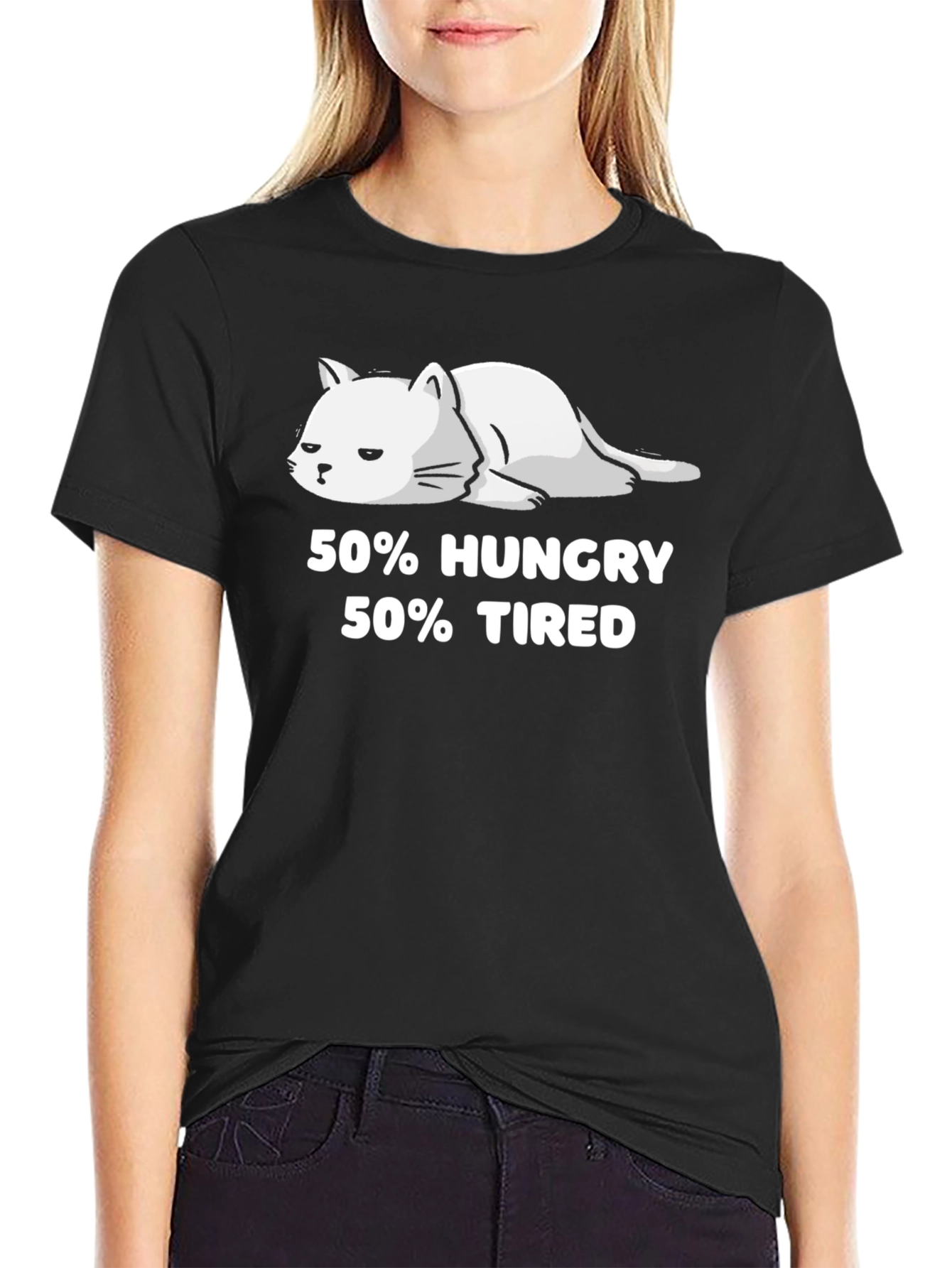 Black 50% Hungry 50% Tired Cat Graphic T-Shirt view 2