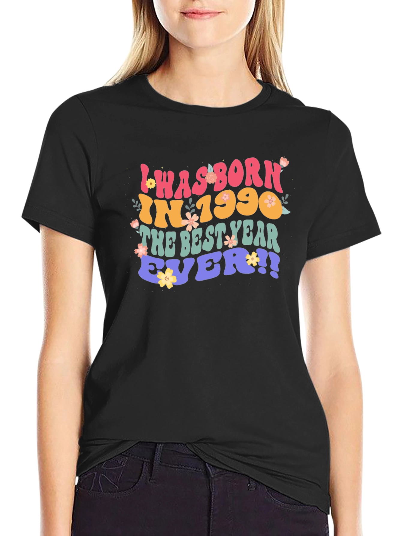 Black Born in 1990 Retro Style Graphic T-Shirt view 2