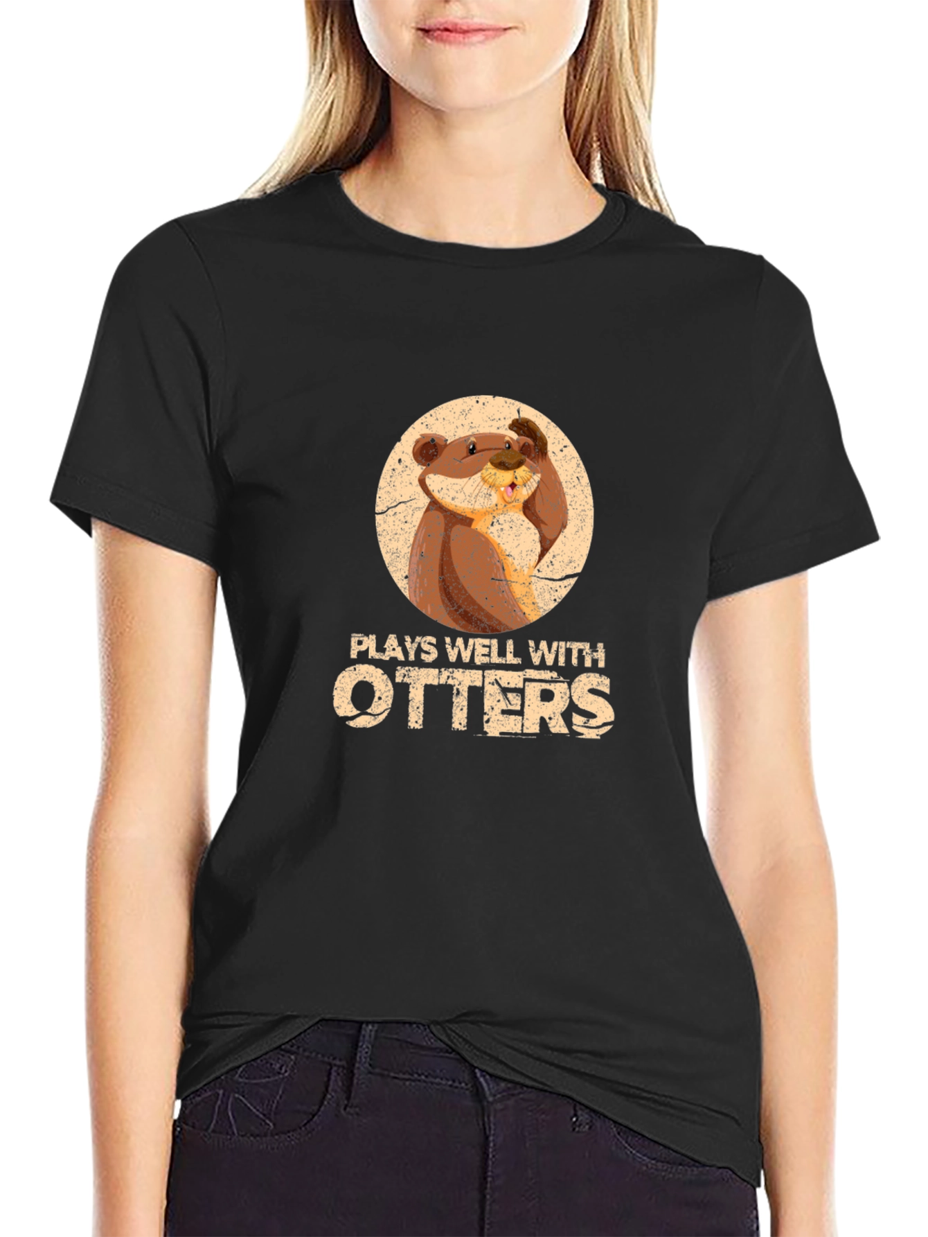 Black Plays Well With Otters Funny Graphic T-Shirt view 2