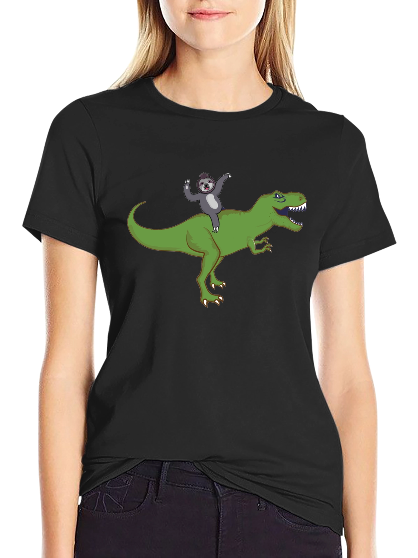 Black Sloth Riding T-Rex Funny Graphic T-Shirt view 2