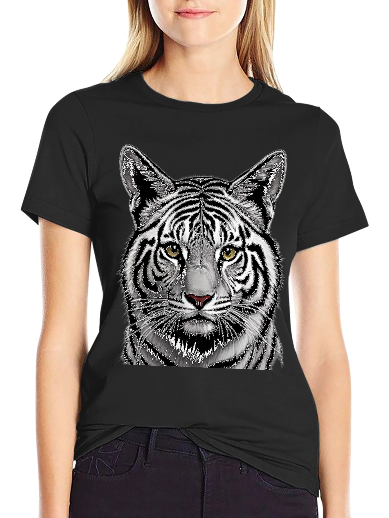 Black White Tiger Graphic Print Black T-Shirt view 2