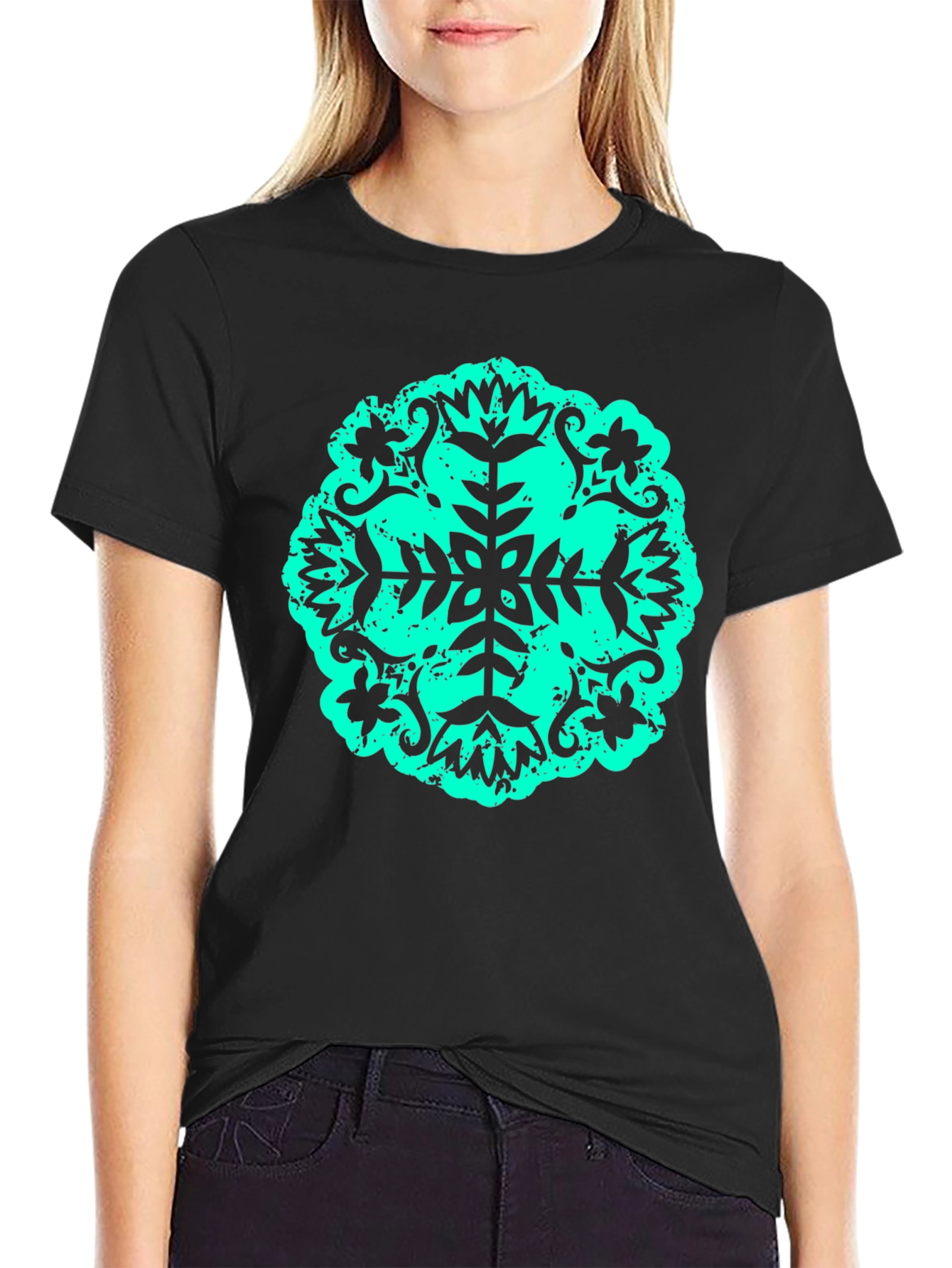Black Abstract Teal Print Black Tee view 2