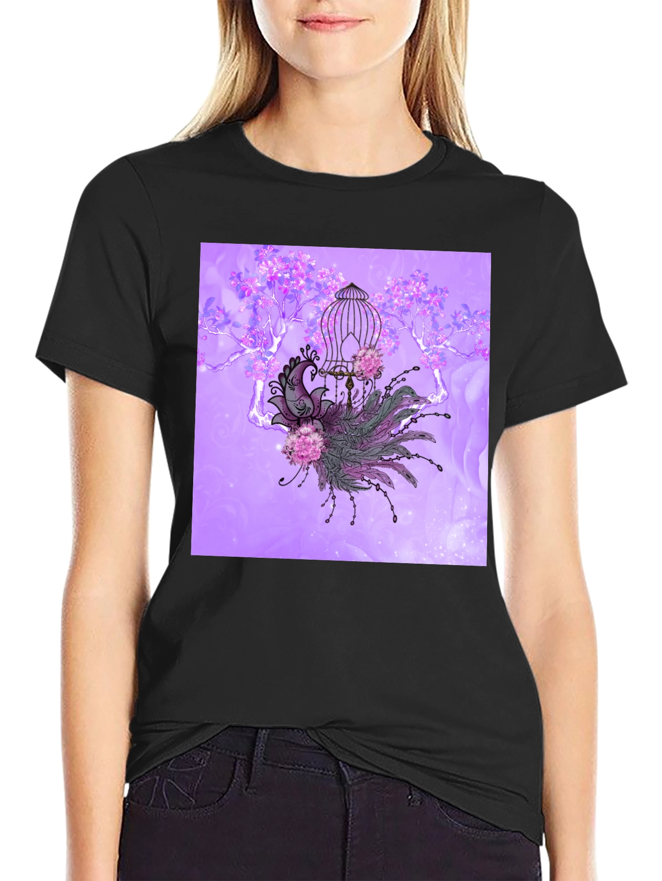 Black Elegant Peacock Cage Graphic T-Shirt view 2