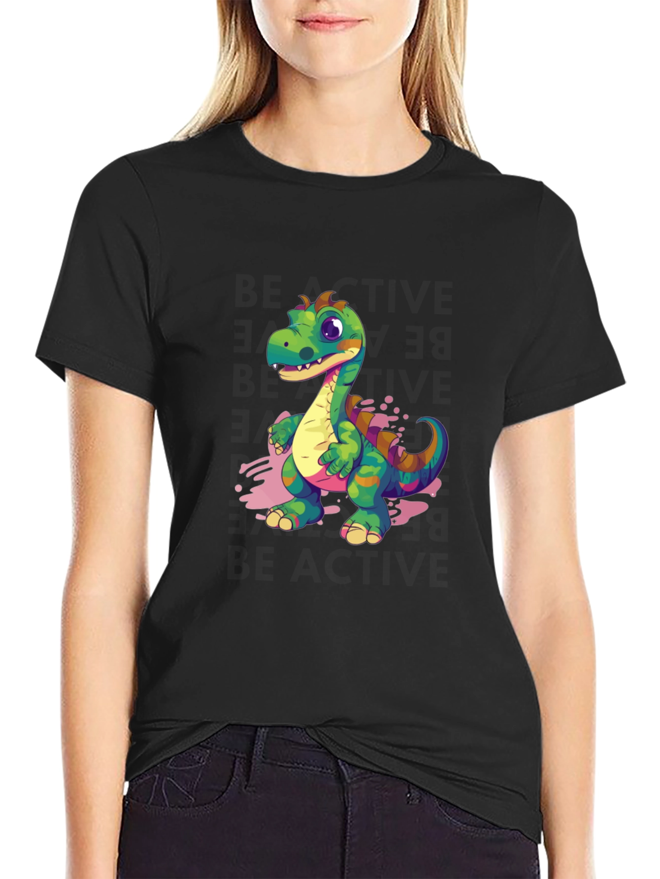 Black Cartoon Dinosaur Graphic Tee - Black view 2