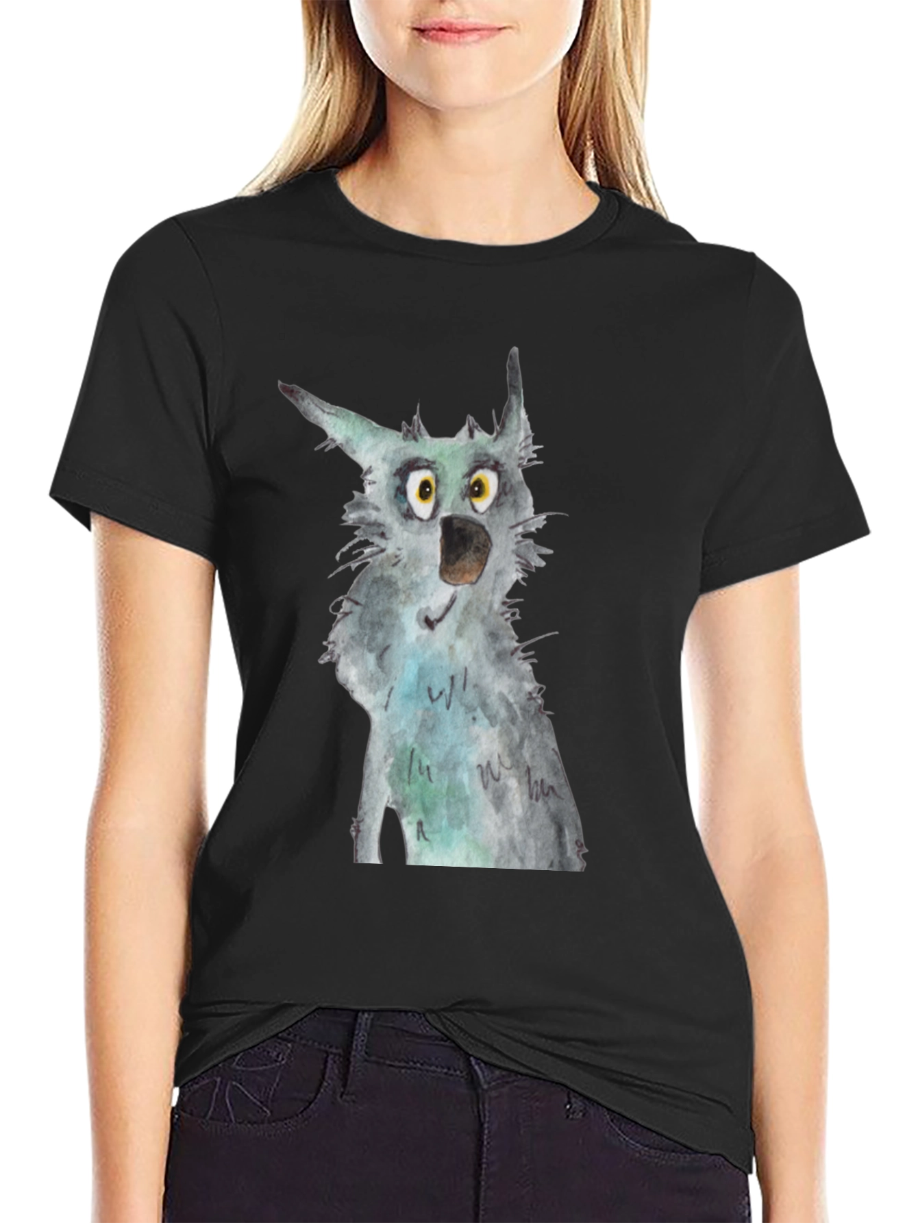 Black Wolf Watercolor Art Black T-Shirt view 2