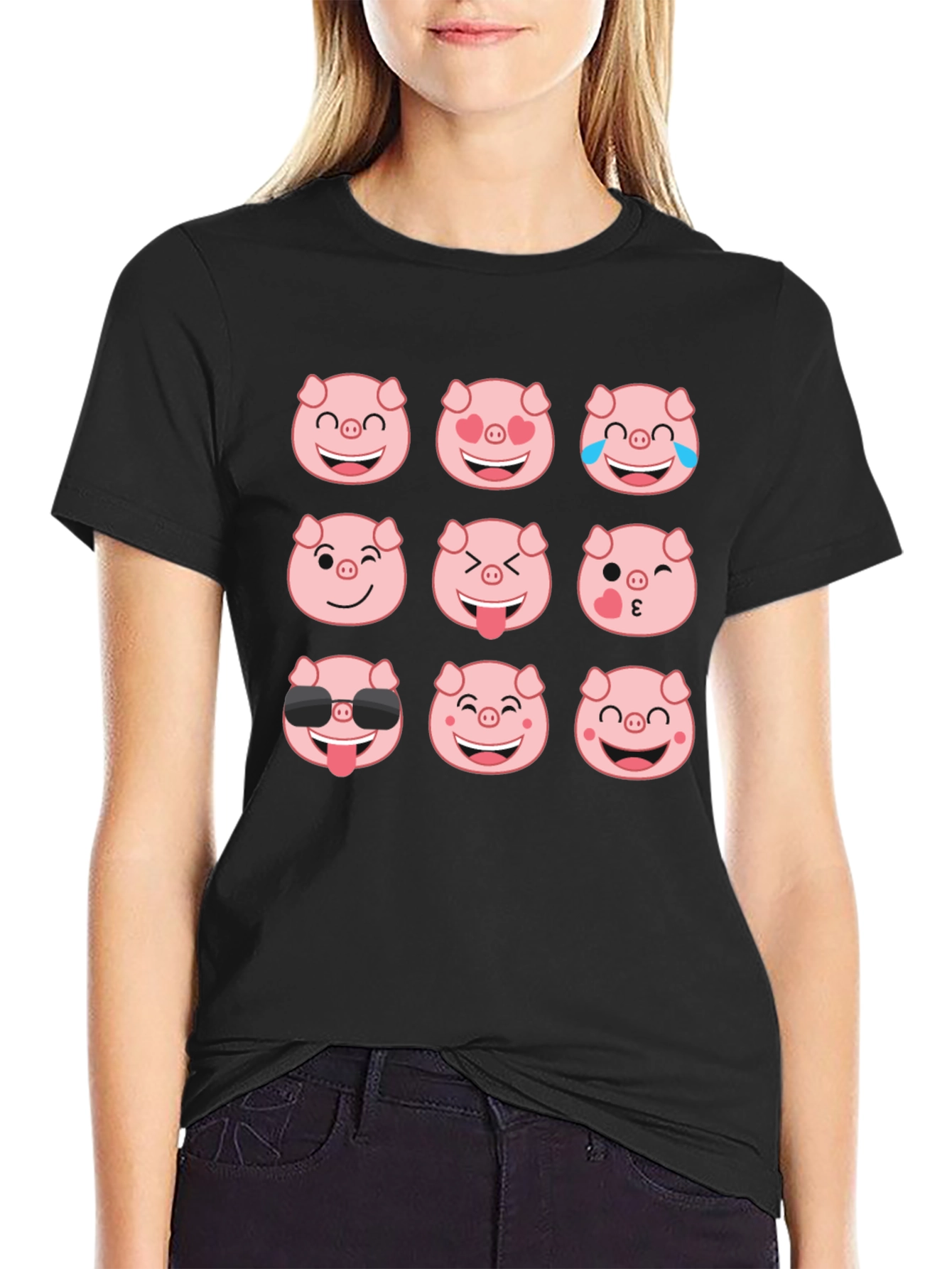 Black Pig Emoji T-Shirt - Black Cotton Crew Neck Tee view 2
