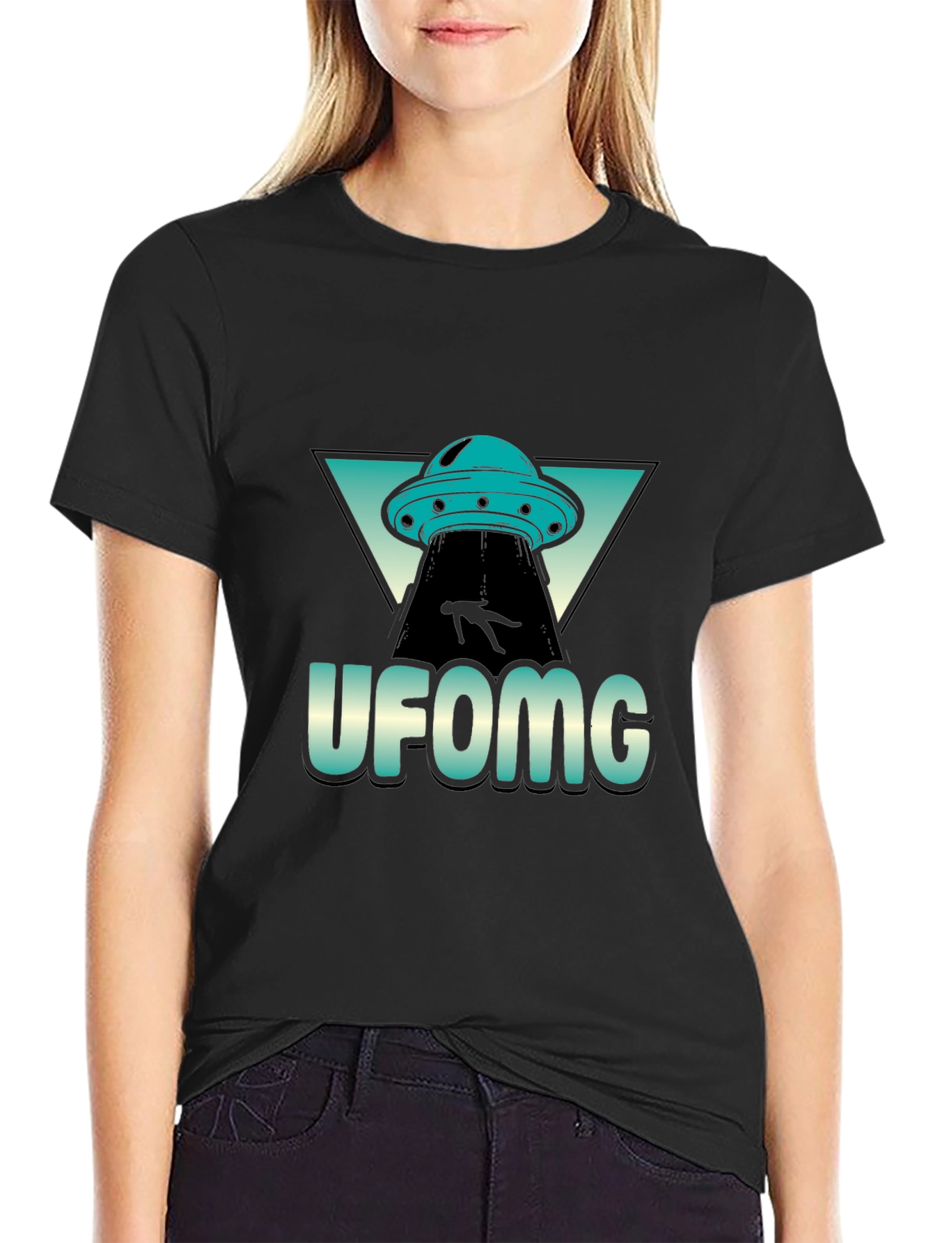 Black UFO Abduction Graphic T-Shirt - "UFOMG" Design view 2