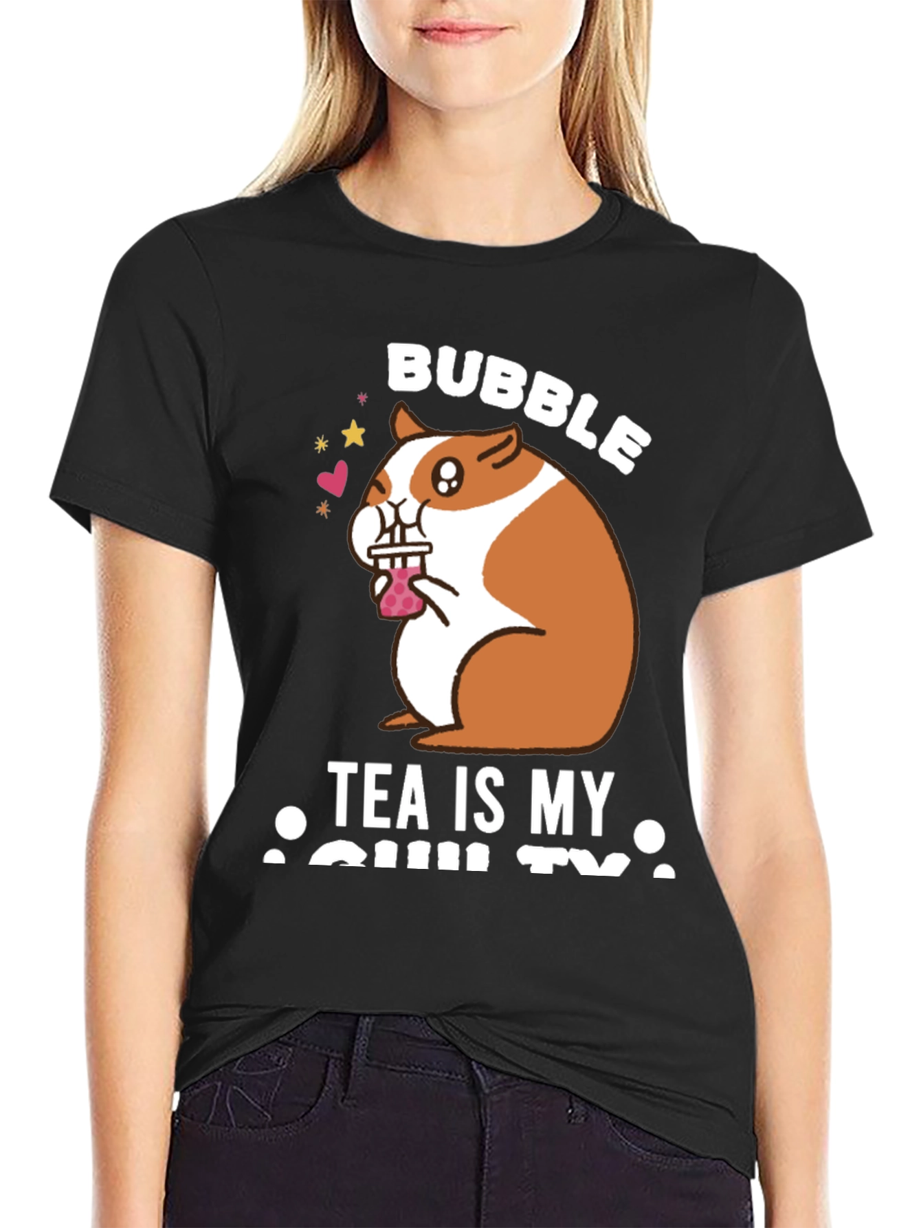 Black Bubble Tea Loving Hamster T-Shirt view 2