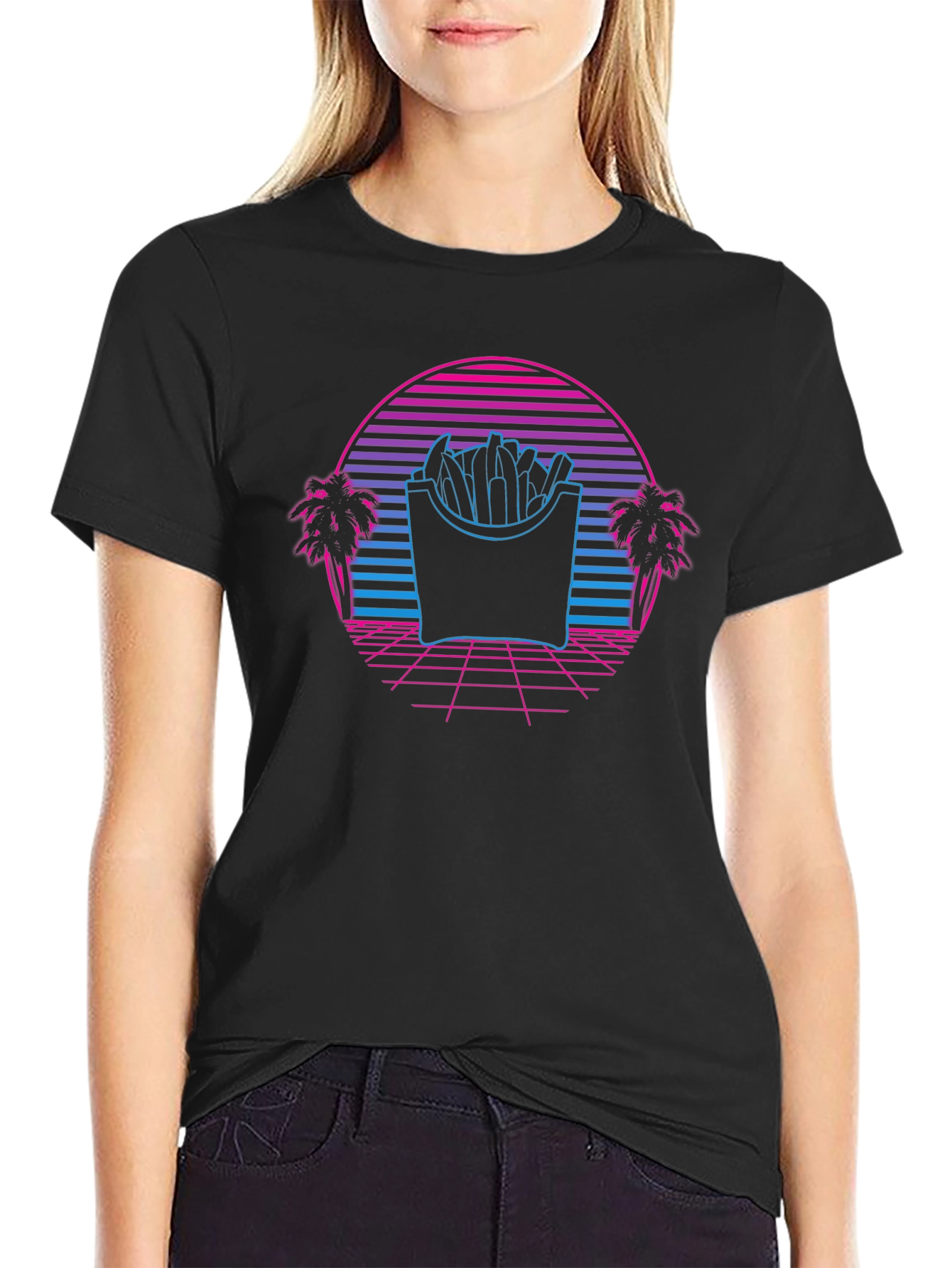 Black Retro Fries T-Shirt - Synthwave Graphic Tee view 2