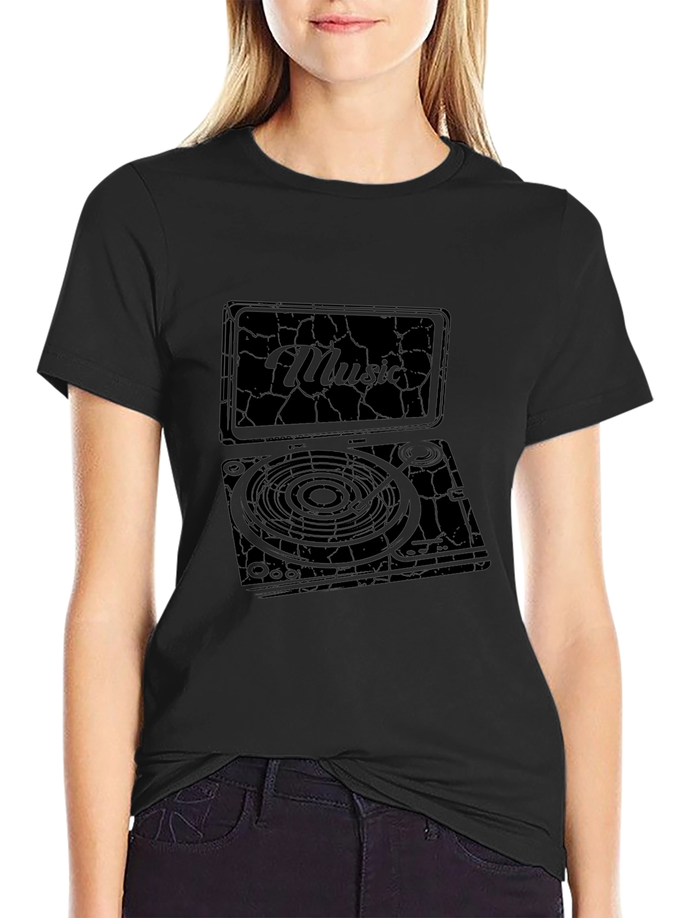 Black Vintage Music Turntable Graphic T-Shirt view 2