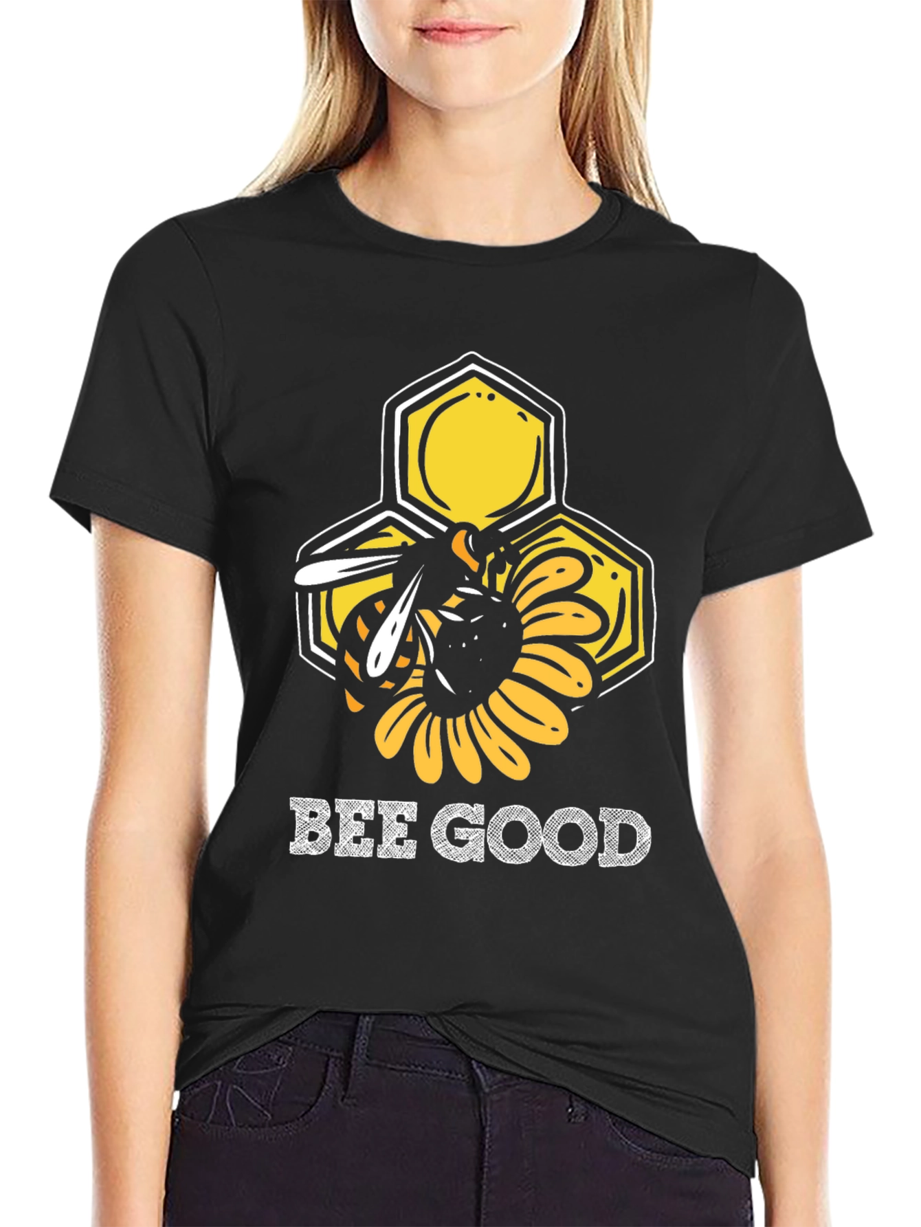 Black Bee Good Graphic T-Shirt - Honeycomb & Sunflower Design view 2