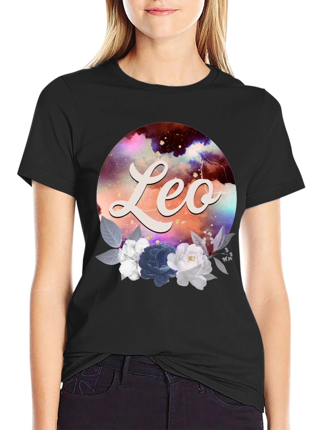 Black Leo Zodiac Floral T-Shirt view 2