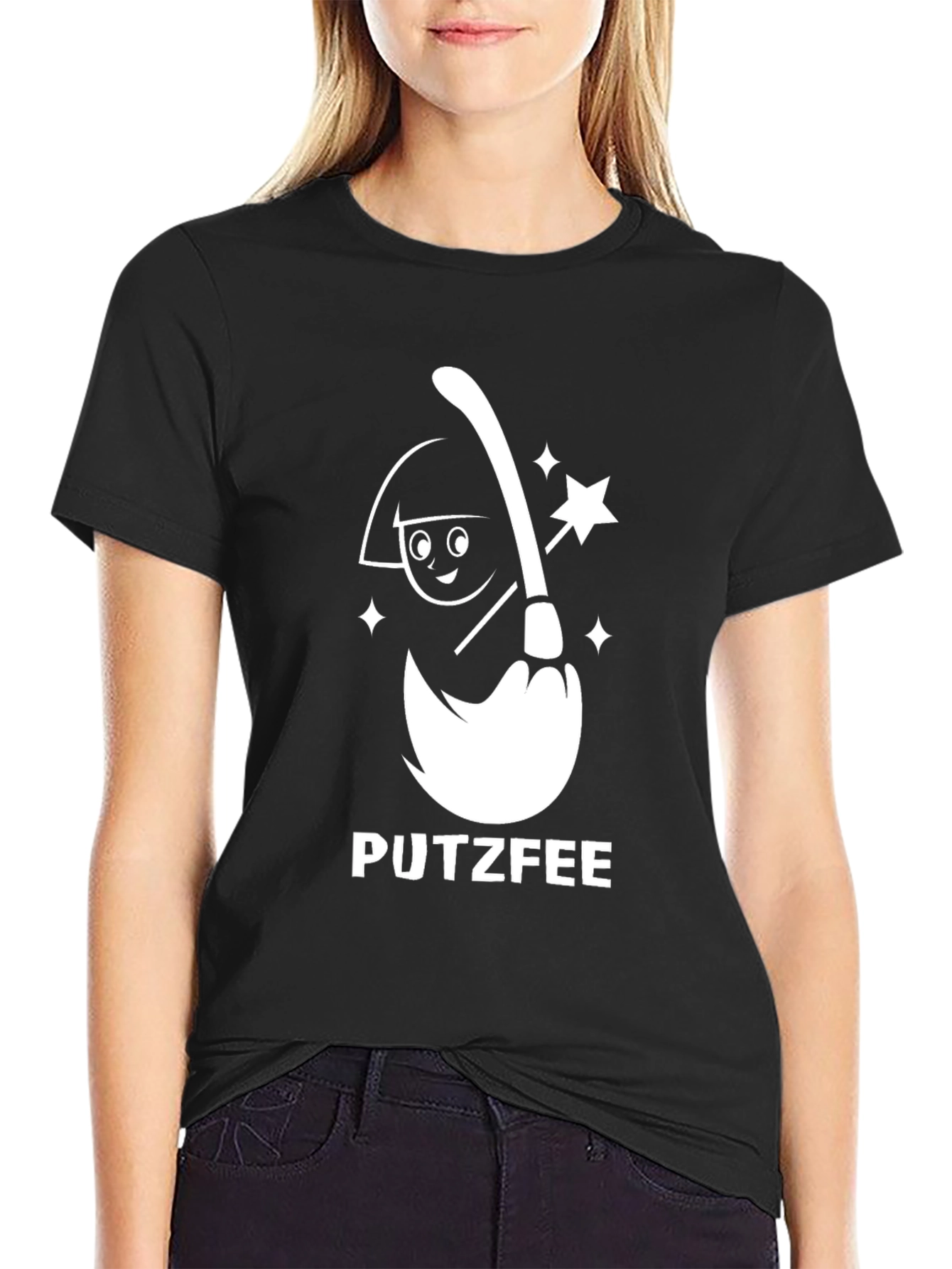 Black Putzfee Cartoon Broom T-Shirt - Black Graphic Tee view 2