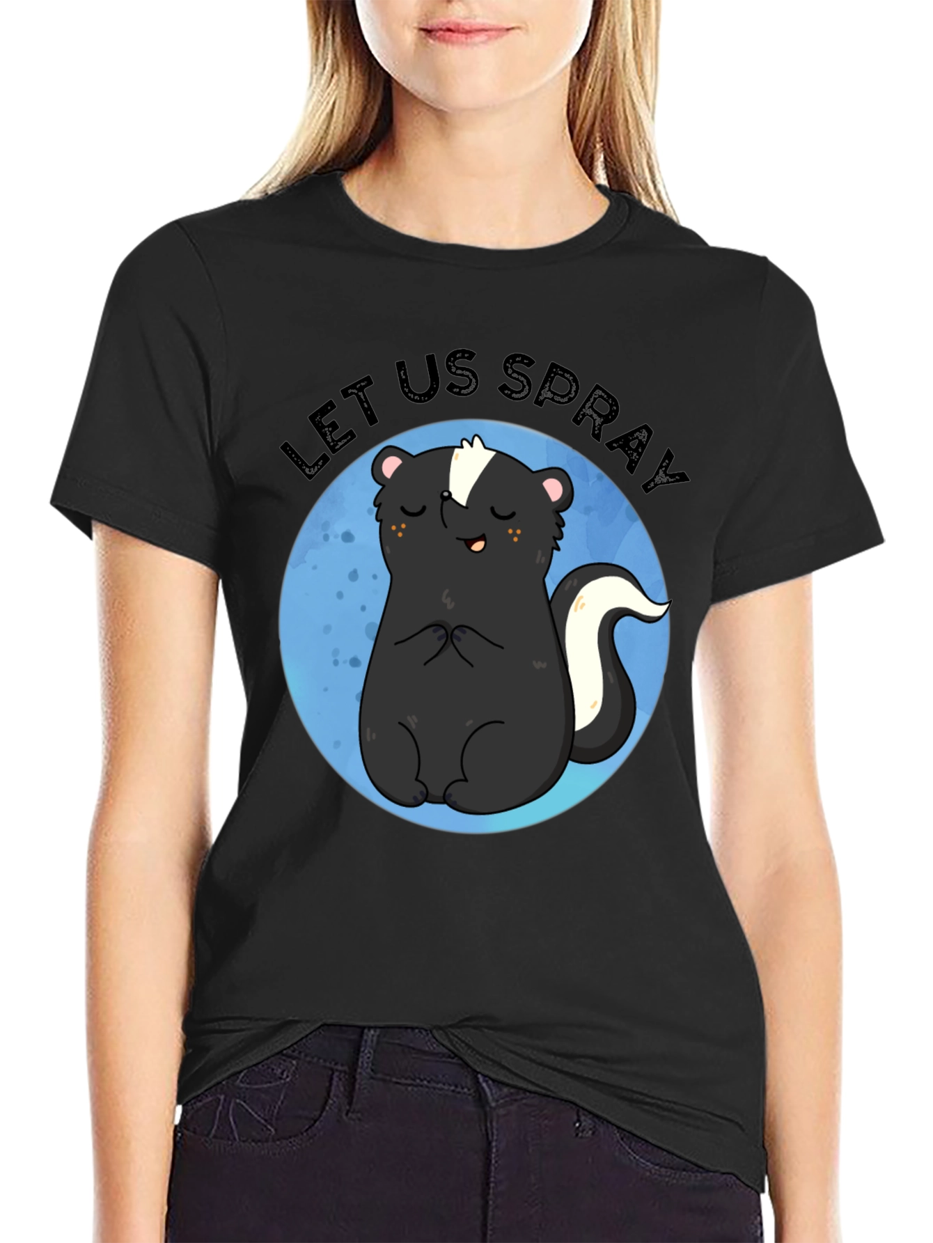 Black Let Us Spray Funny Skunk T-Shirt view 2