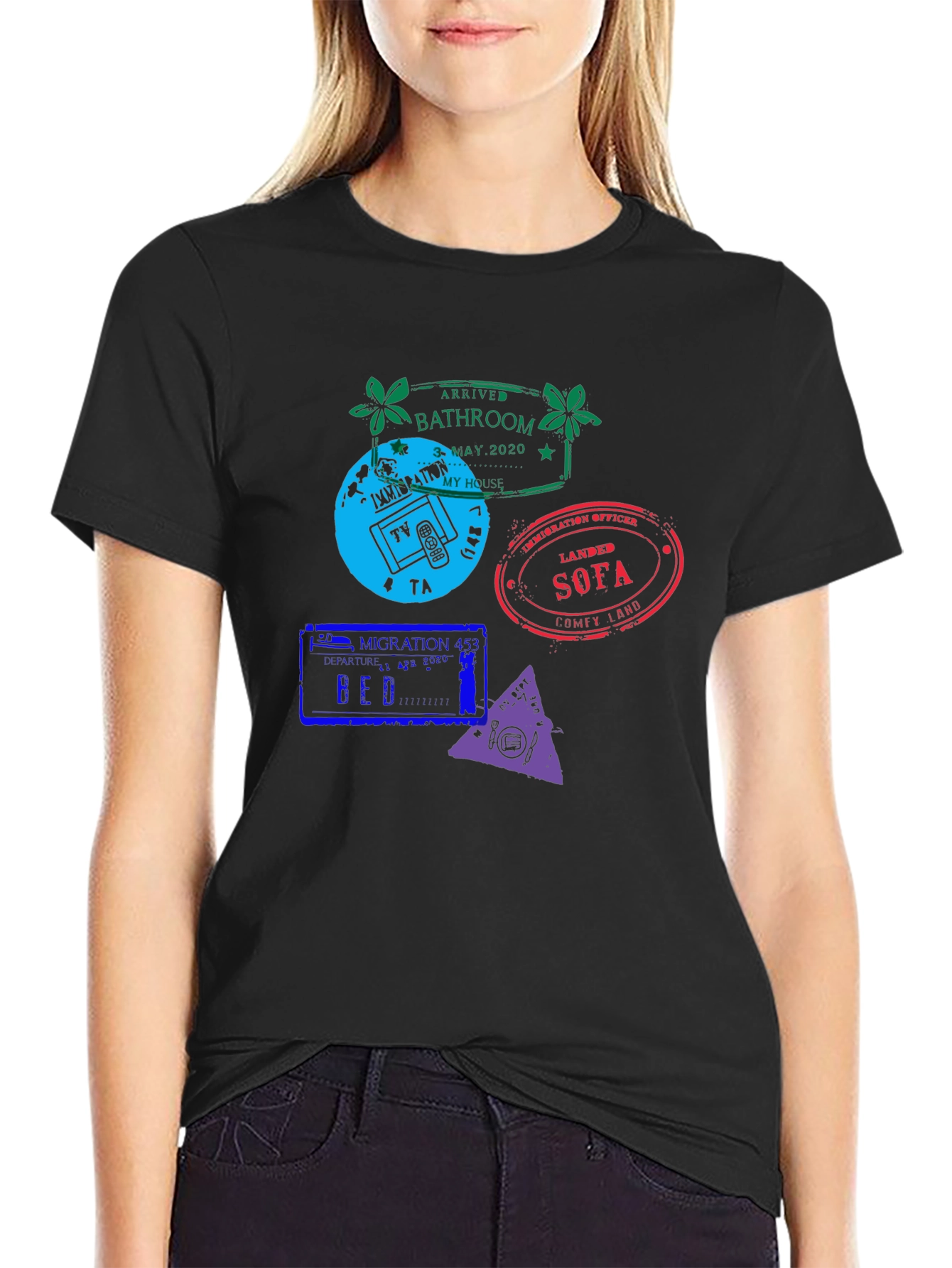 Black Funny Quarantine Travel Stamps Graphic T-Shirt view 2