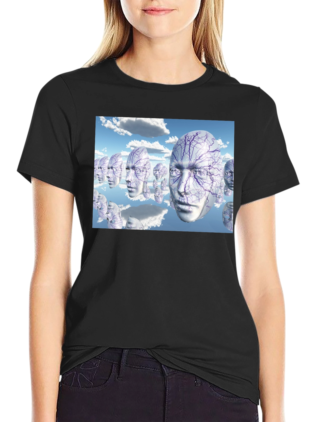 Black Surreal Faces T-Shirt - Unique Graphic Tee view 2