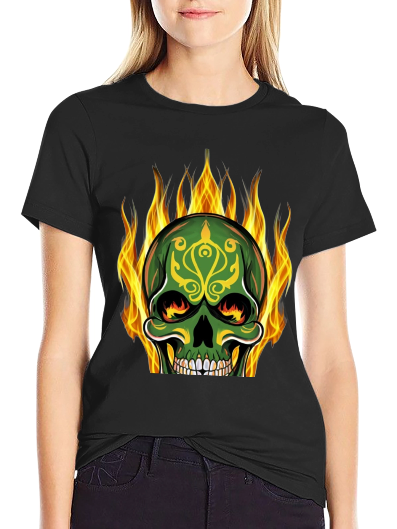 Black Flaming Skull Graphic Tee - Black Cotton T-Shirt view 2