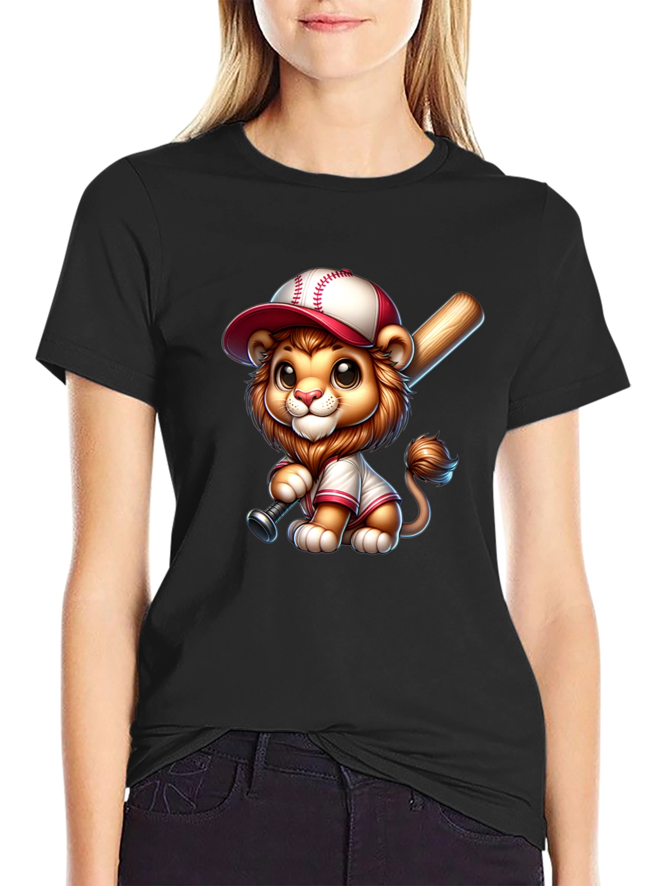 Black Cute Lion Baseball T-Shirt view 2