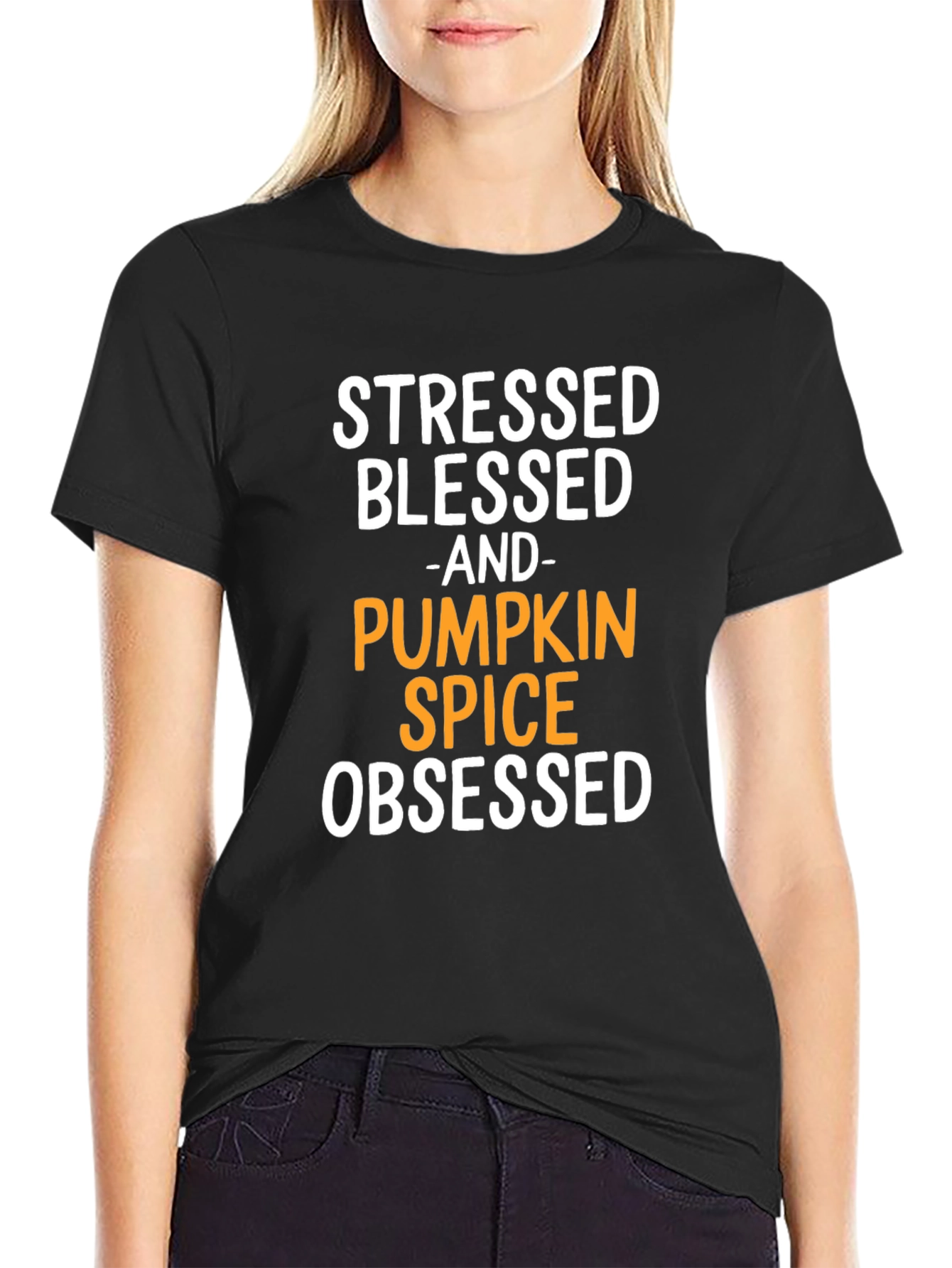 Black Stressed Blessed Pumpkin Spice Obsessed T-Shirt view 2