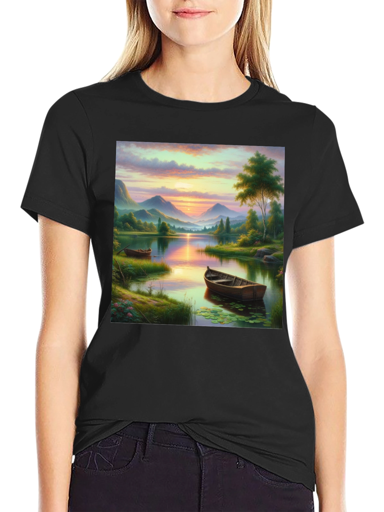 Black Lake Sunset Boat T-Shirt - Artistic Graphic Tee view 2