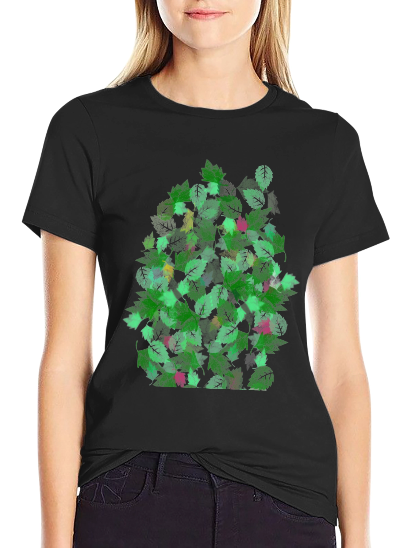 Black Leaf Pattern Black T-Shirt view 2
