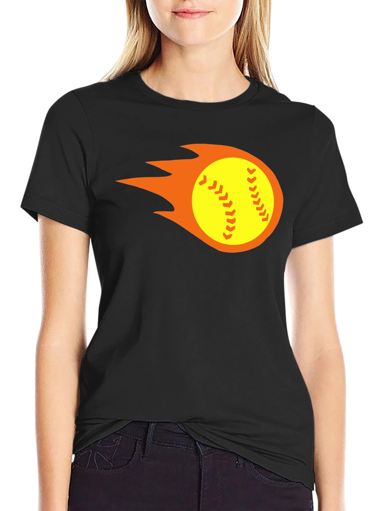 Black Flaming Softball Graphic Tee - Black T-Shirt view 2