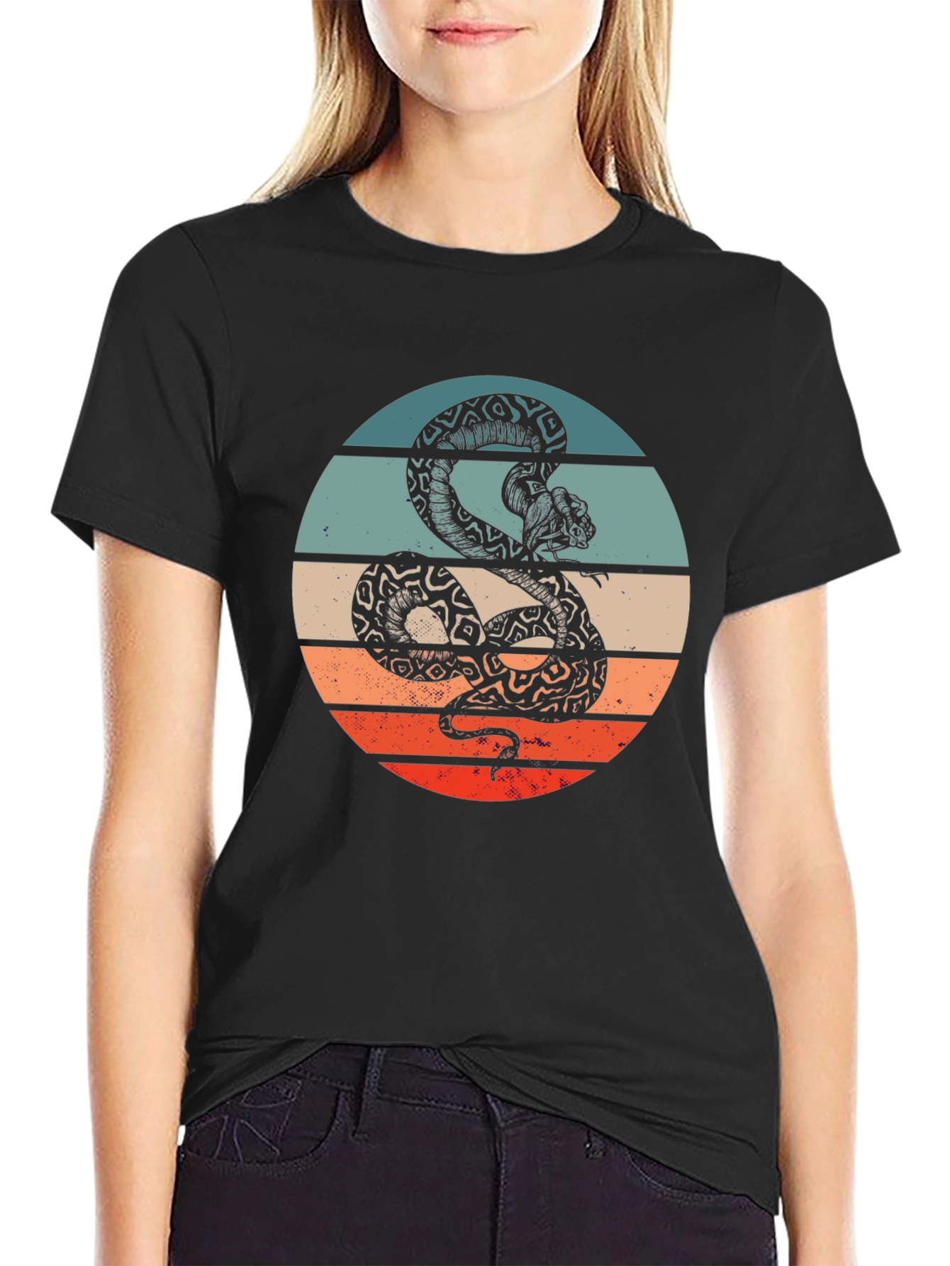 Black Retro Snake Graphic Tee - Vintage Style T-Shirt view 2