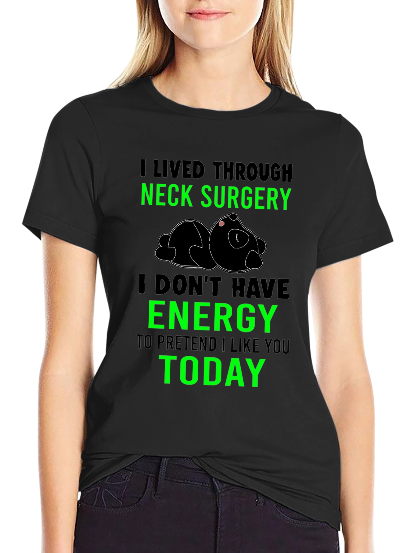 Black Neck Surgery Survivor T-Shirt, Funny Lazy Panda Tee view 2