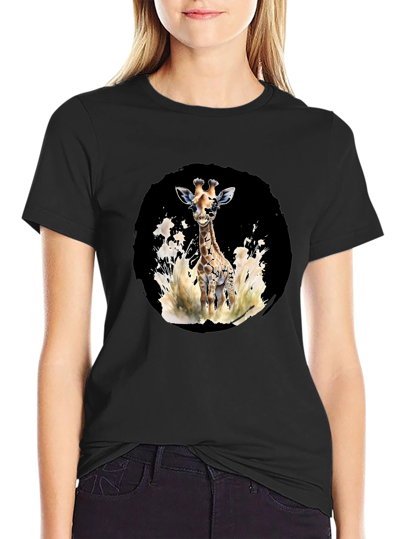 Black Giraffe Watercolor Graphic Tee - Casual Black T-Shirt view 2