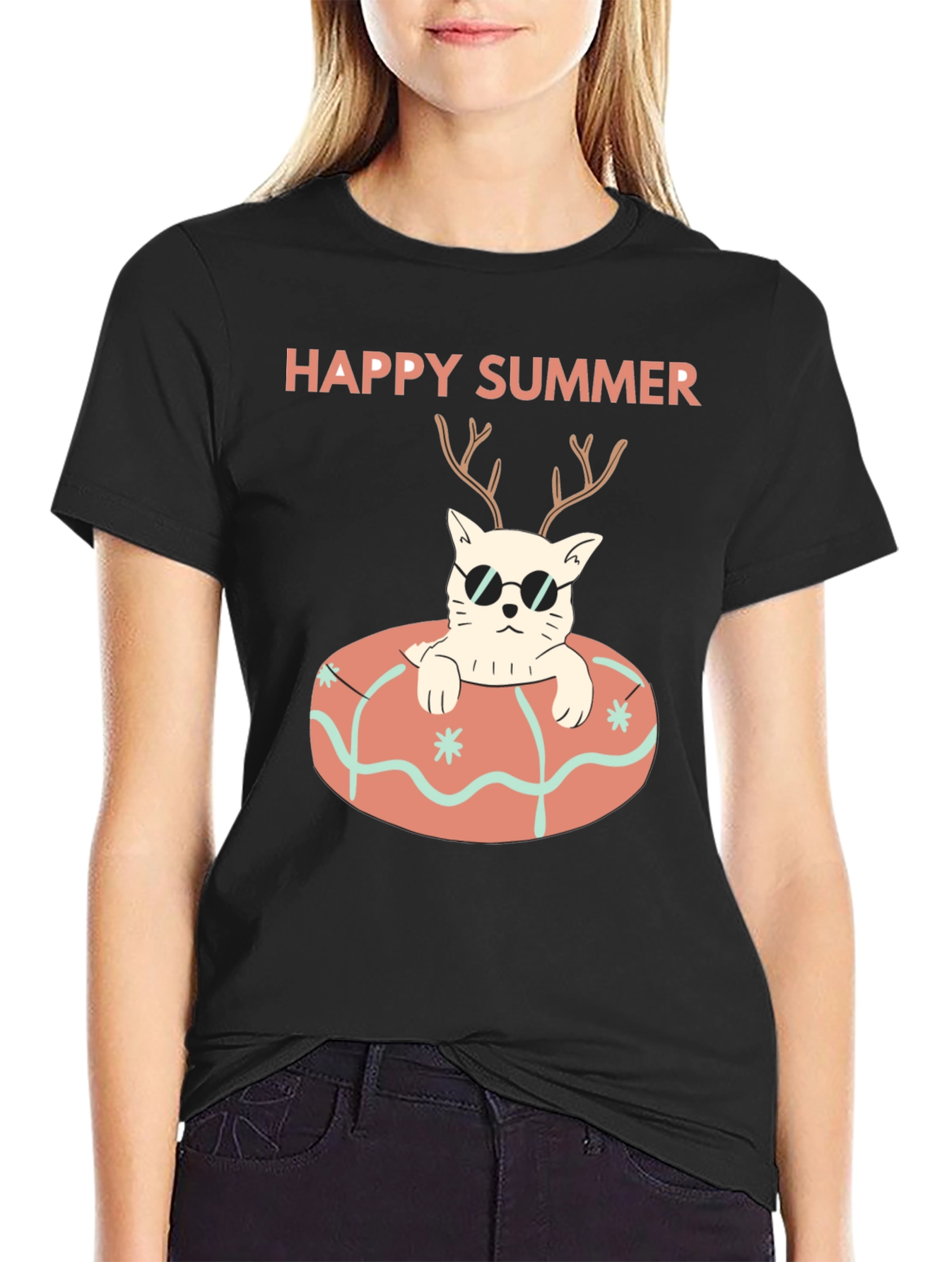 Black Happy Summer Cat T-Shirt - Black Graphic Tee view 2