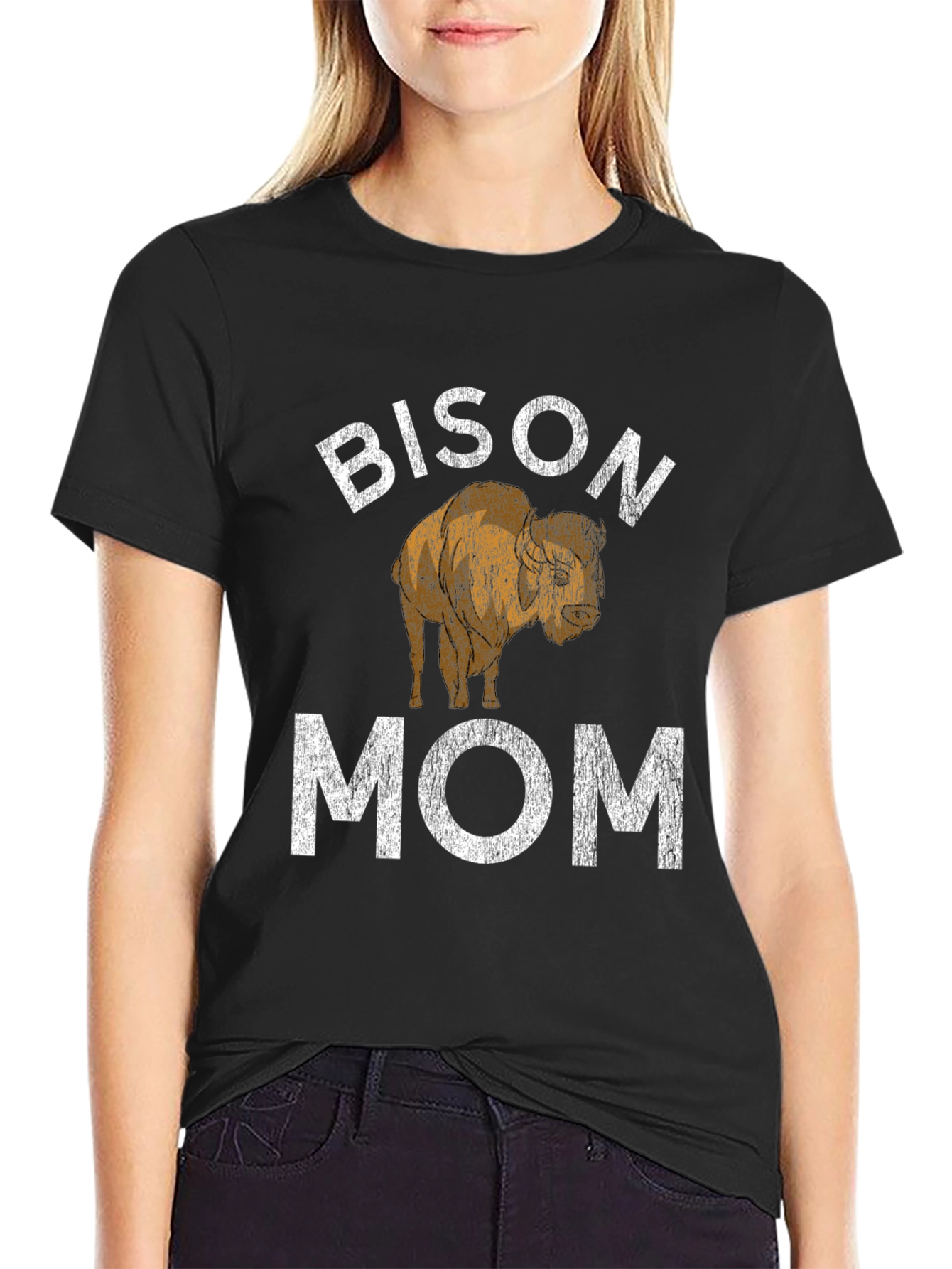 Black Bison Mom Graphic Tee - Black Cotton T-Shirt view 2
