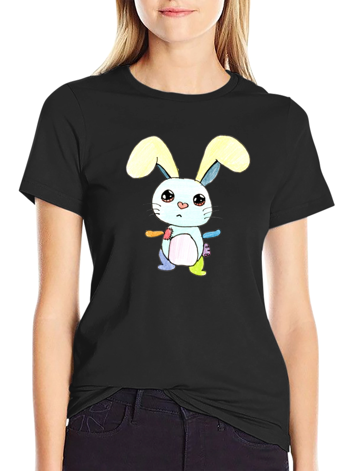 Black Cute Cartoon Bunny T-Shirt - Unisex Black Tee view 2