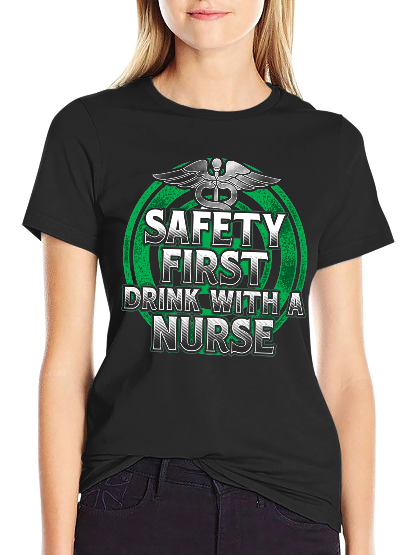 Black Safety First Drink With a Nurse T-Shirt view 2