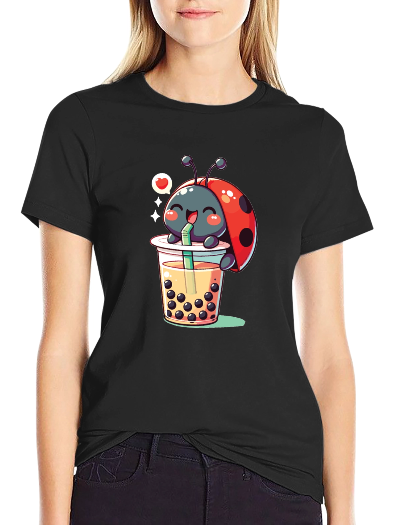 Black Ladybug Boba Tea Graphic Tee - Black Cotton T-Shirt view 2