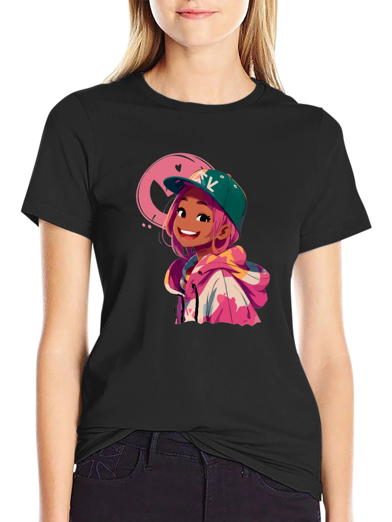 Black Cartoon Girl Graphic Black T-Shirt view 2