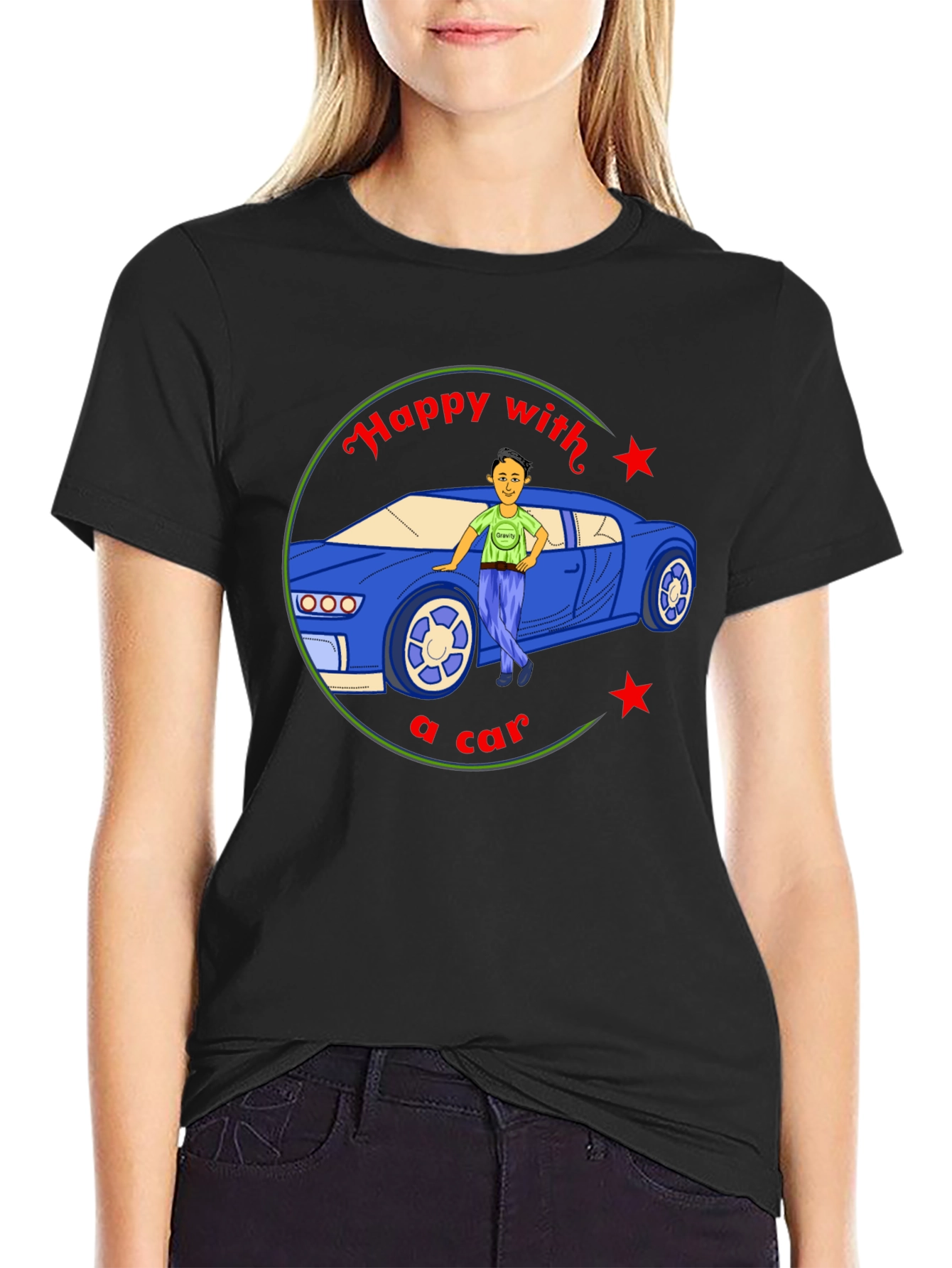 Black Happy with a Car Graphic Tee - Black Cotton view 2