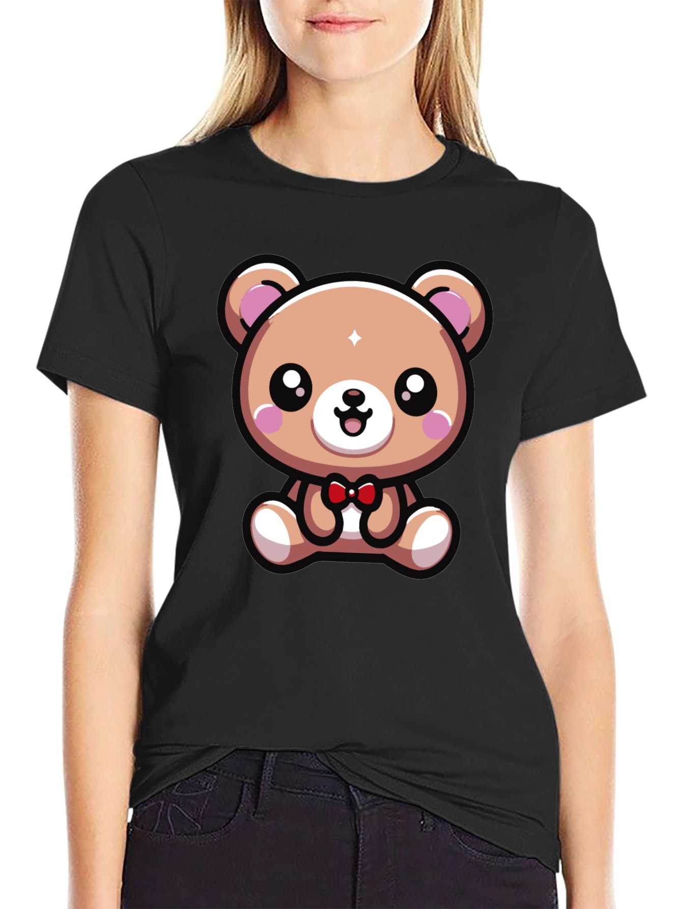 Black Cute Cartoon Bear Graphic Tee - Black view 2