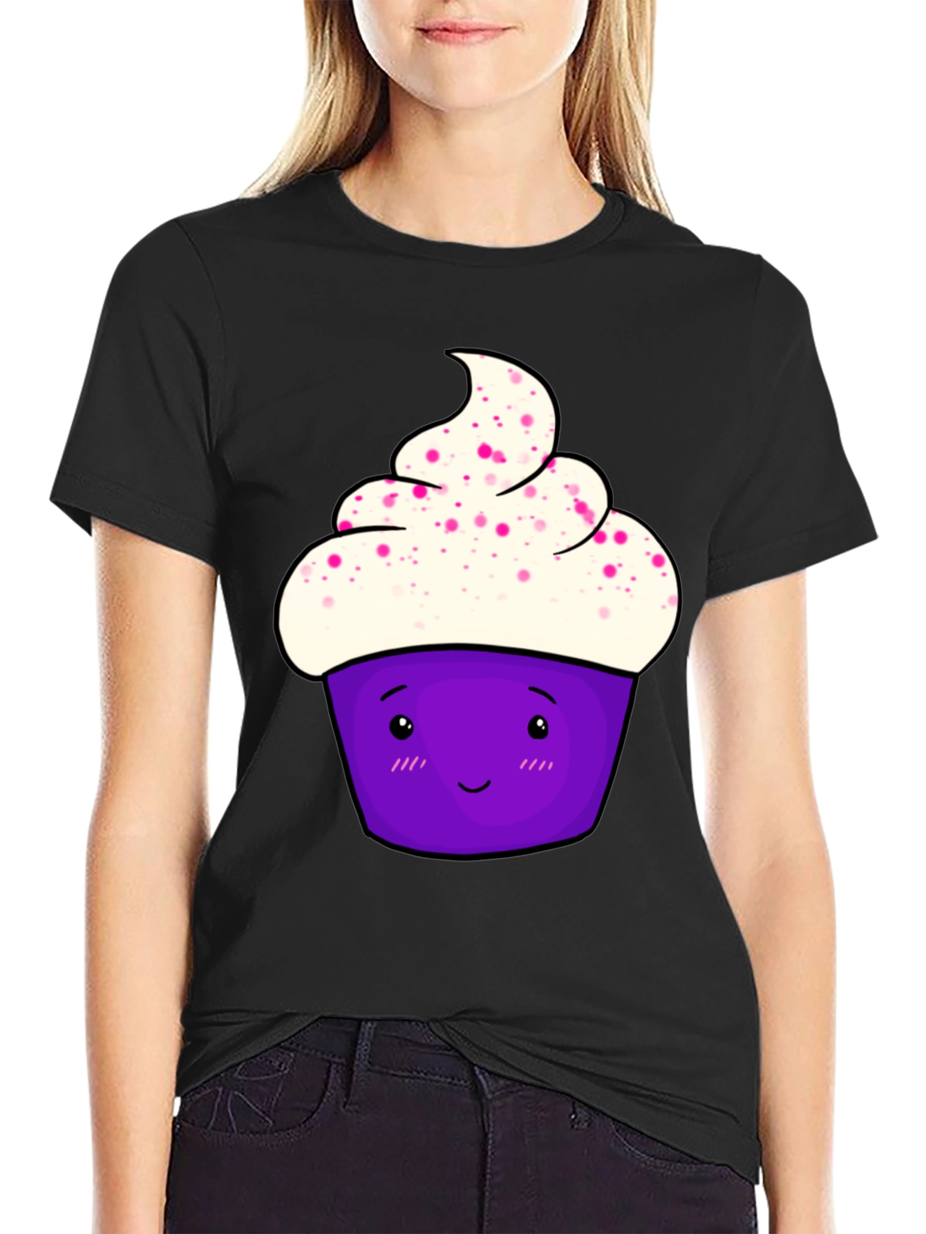 Black Cute Cupcake Graphic T-Shirt - Black Cotton Tee view 2