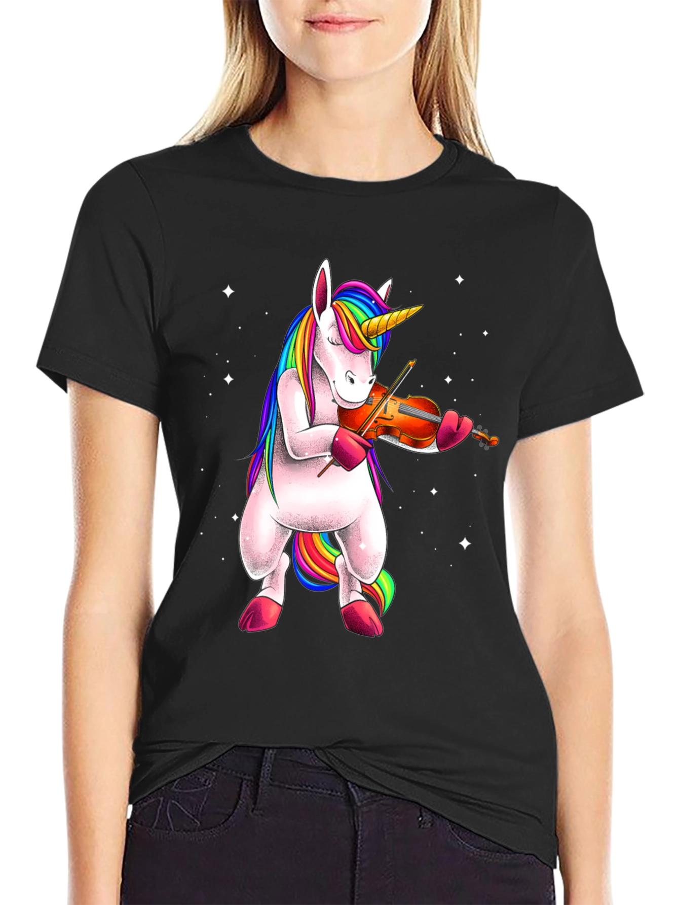 Black Unicorn Playing Violin T-Shirt - Black view 2