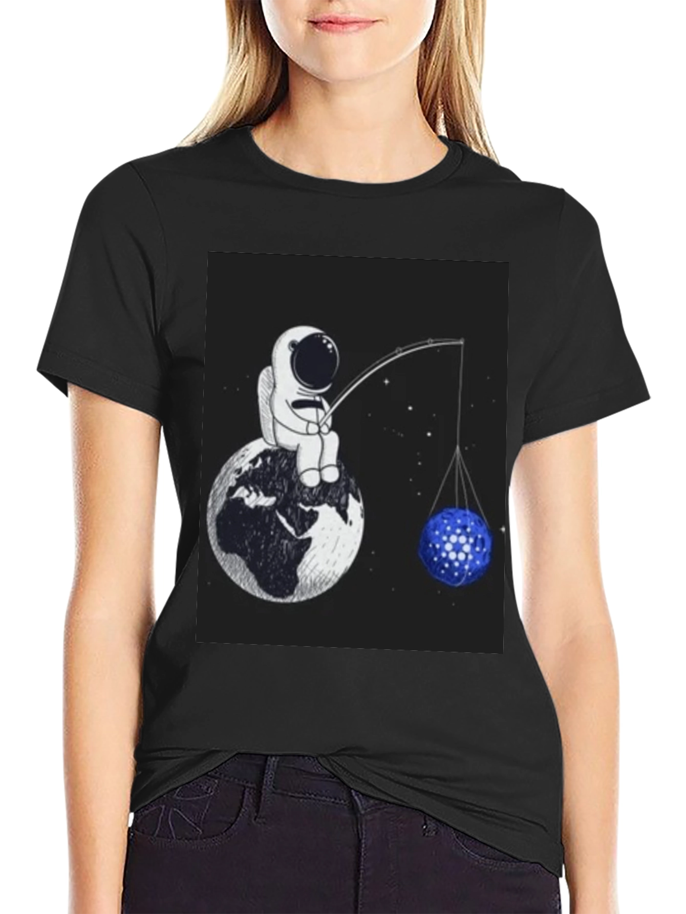 Black Astronaut Fishing T-Shirt - Unique Space Design view 2