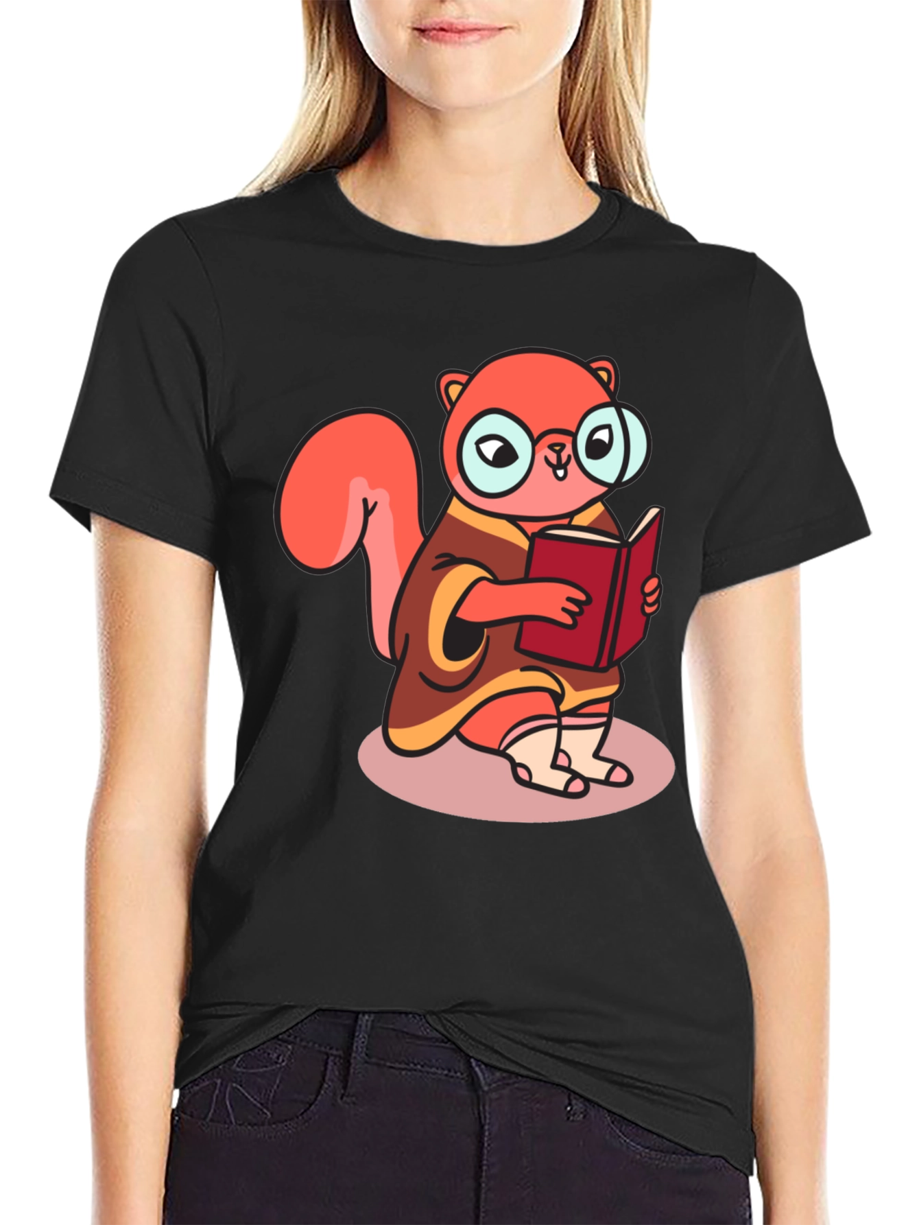 Black Bookish Squirrel Tee - Cartoon Animal Shirt view 2