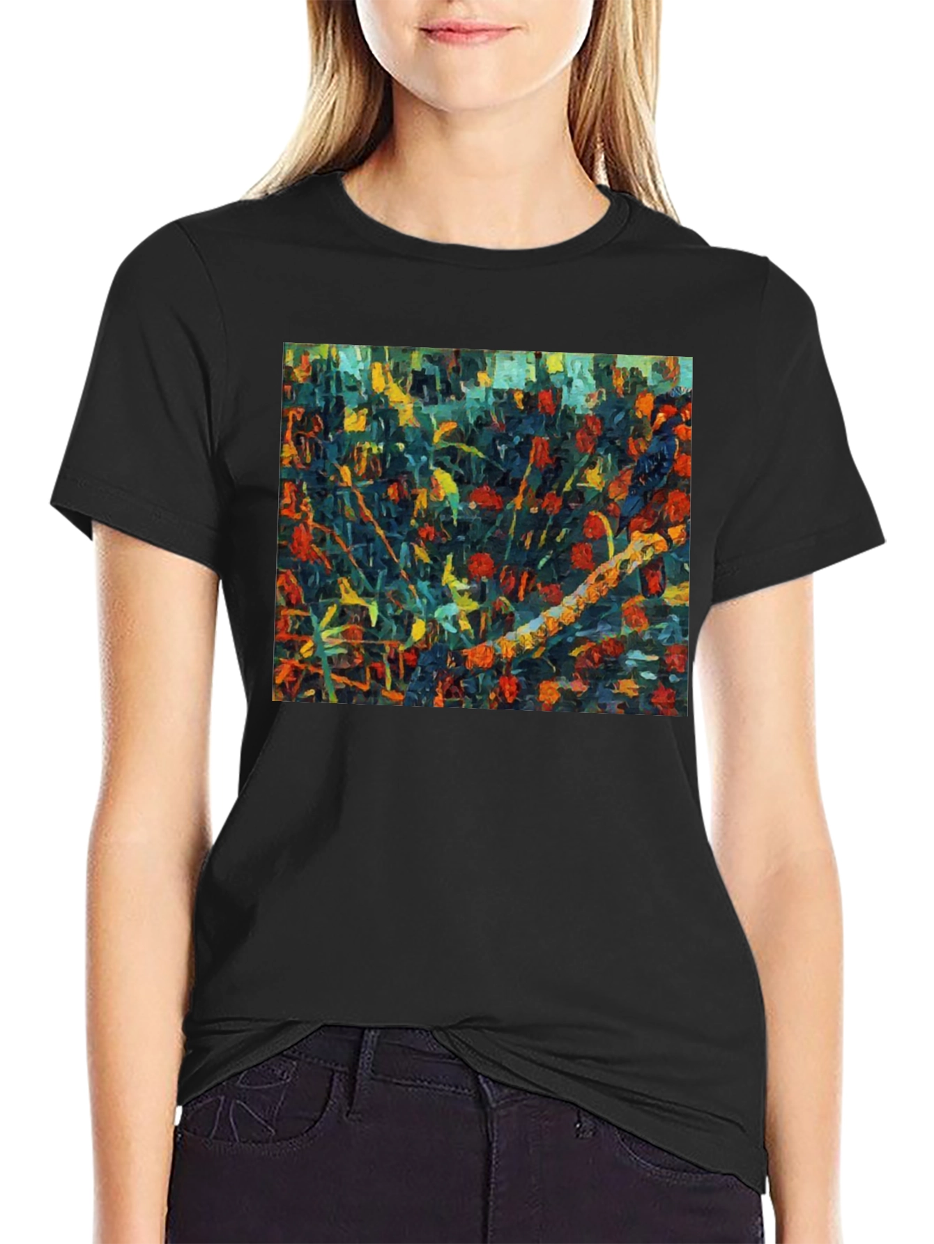 Black Abstract Floral Print Black T-Shirt view 2