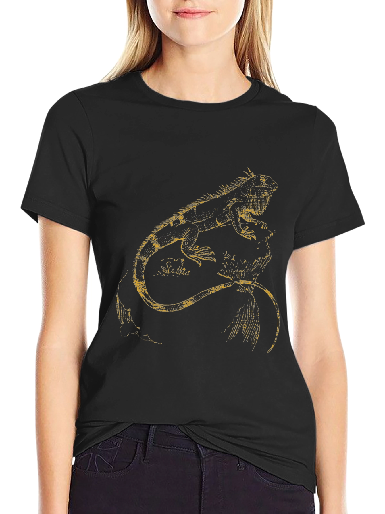 Black Black T-Shirt with Yellow Iguana Design view 2
