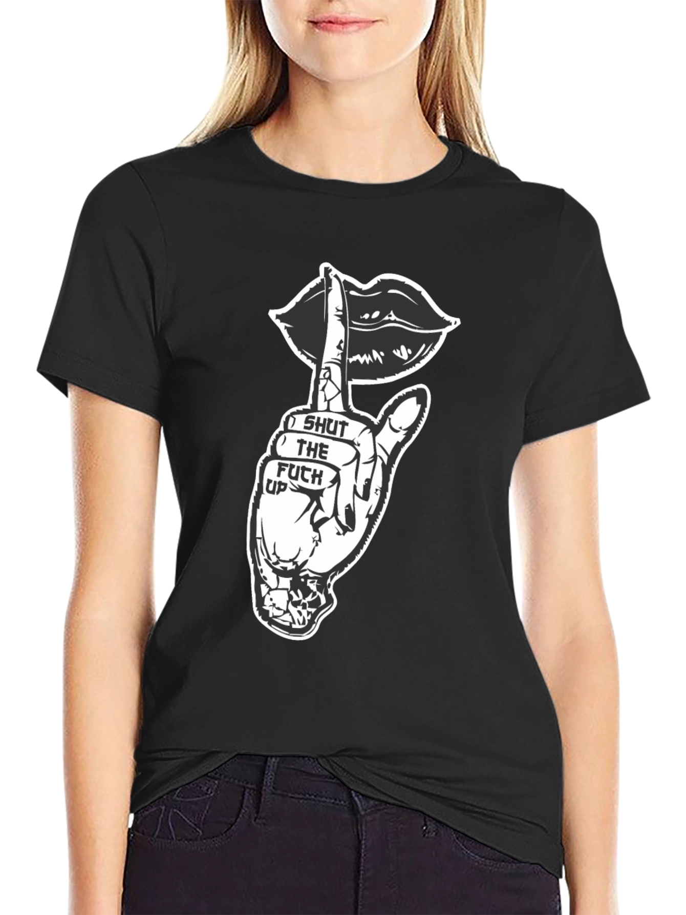 Black Shut Up Graphic Tee - Black Crew Neck T-Shirt view 2