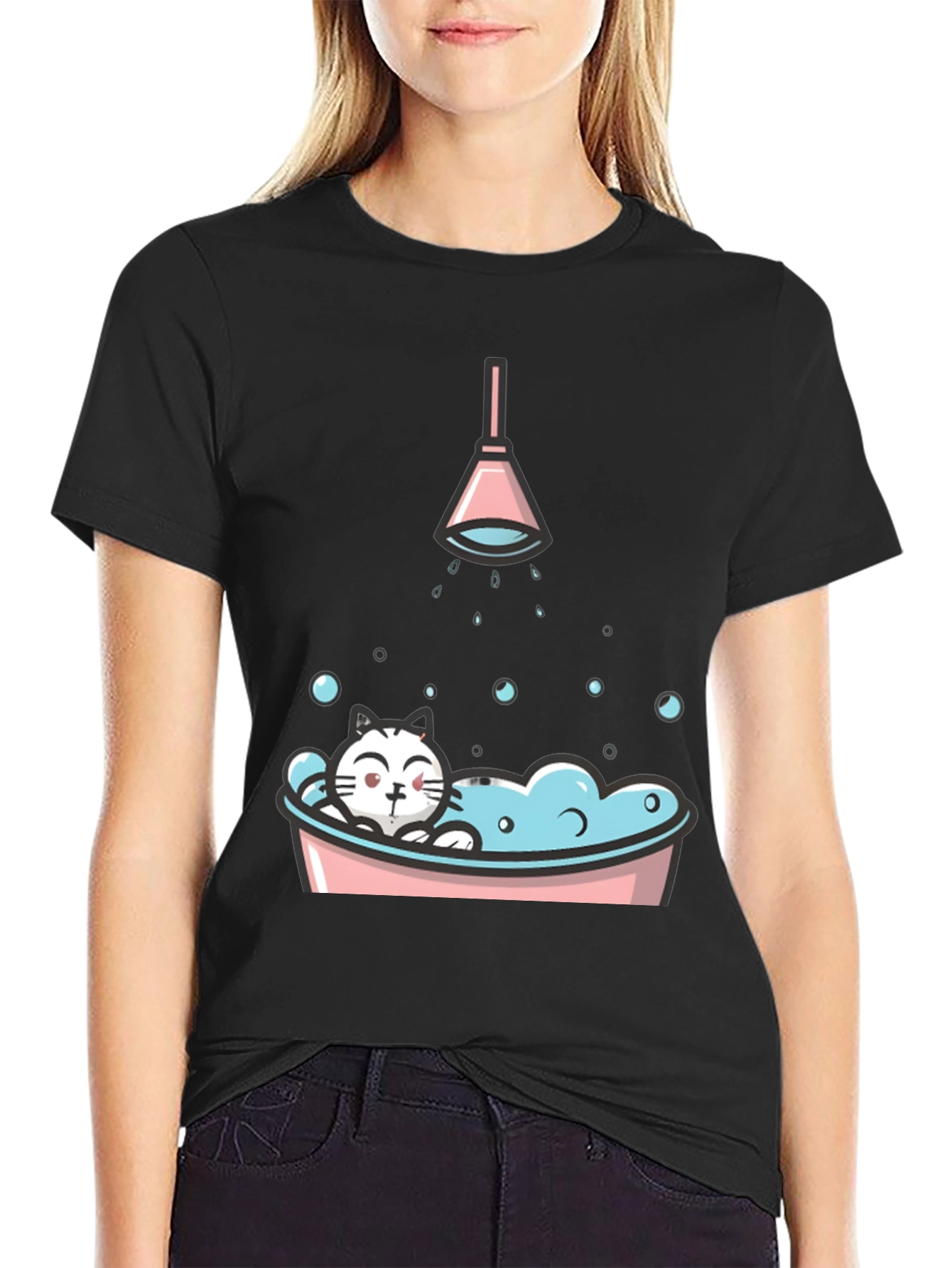 Black Cute Cat in Tub Graphic T-Shirt view 2