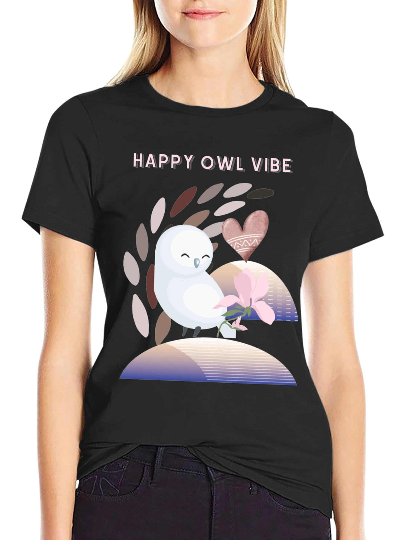 Black Happy Owl Vibe Graphic T-Shirt - Unisex view 2