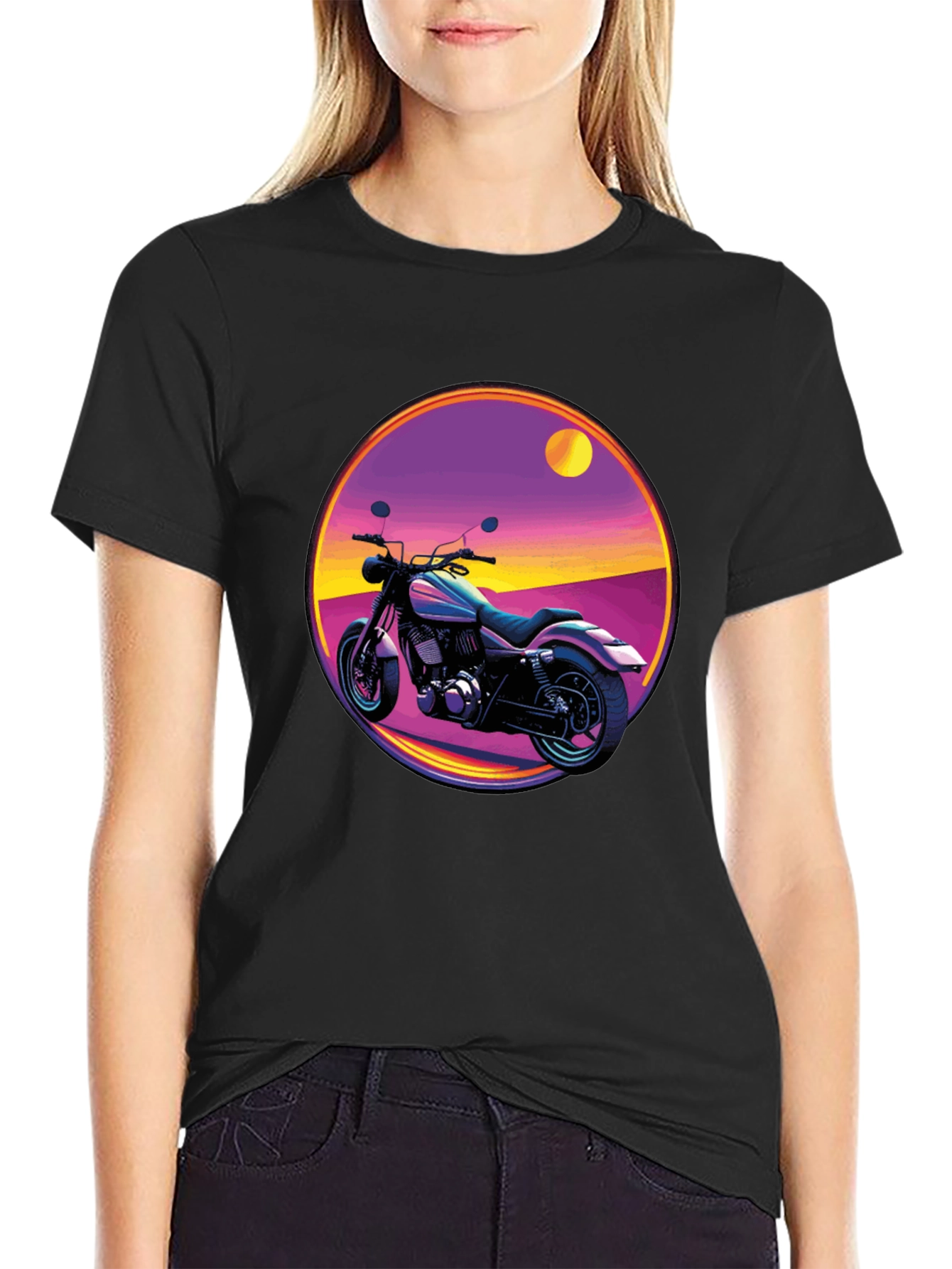 Black Retro Motorcycle Graphic Tee - Black Cotton T-Shirt view 2