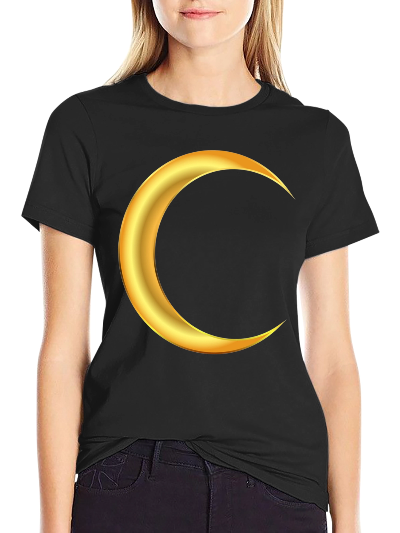 Black Golden Crescent Moon Graphic Black T-Shirt view 2