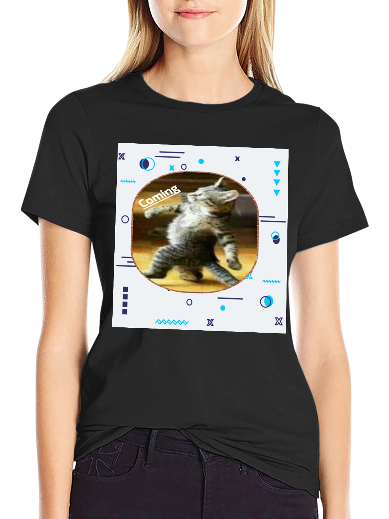 Black Funny Cat Coming T-Shirt - Black view 2